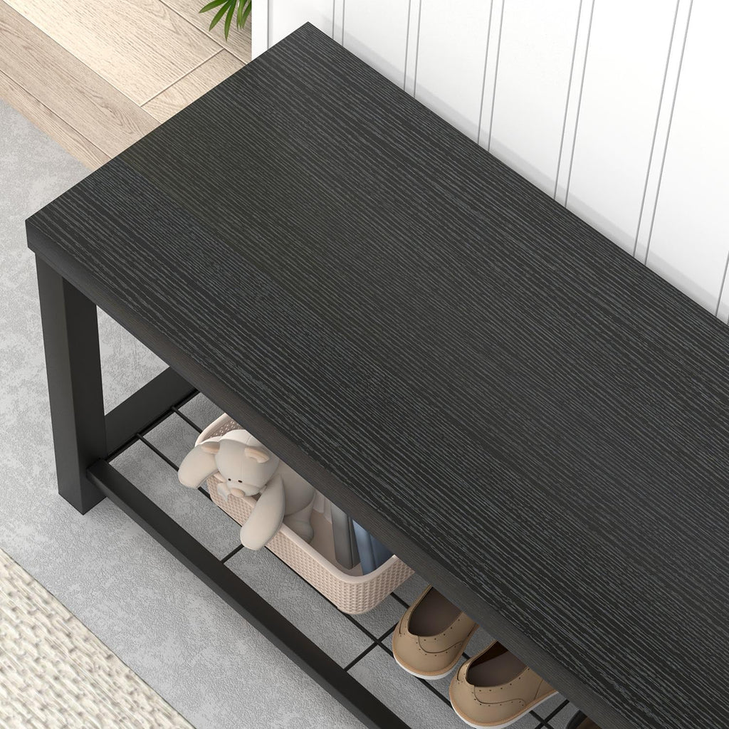 EXCEFUR Entryway Bench, Modern Wood and Metal Storage Bench for Hallway Front Door Entrance, Industrial Indoor Shoe Rack Bench Seat for Bedroom Living Room, 43.3 Inch Black