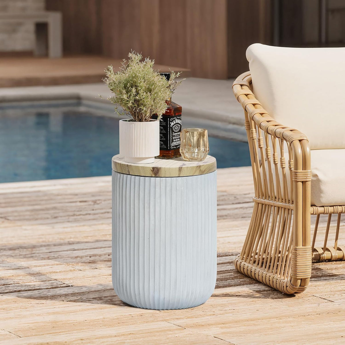 LuxenHome 18" Cement Outdoor Side Table with Storage and Wood-Look Lid