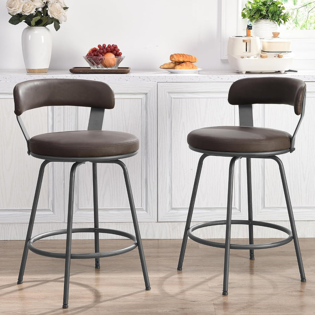 24 Inch Swivel Counter Height Bar Stools Set of 2, Modern Backs, Leather Counter Stools for Kitchen Island, Brown