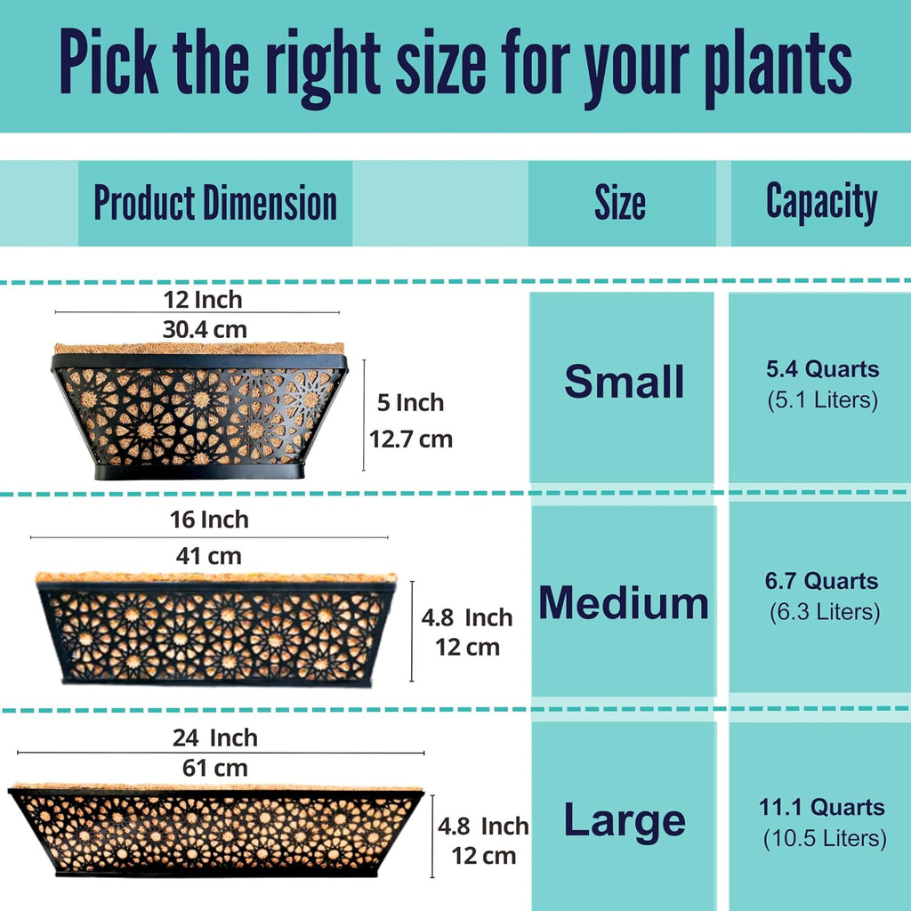 LaLaGreen Window Planter Boxes Outdoor (24 Inch, 4 Pack) Large Fence Hanging Planters Outdoor Plants, Metal Deck Railing Flower Box with Coco Liner, Modern Horse Troughs Balcony Pots Patio Porch Rail