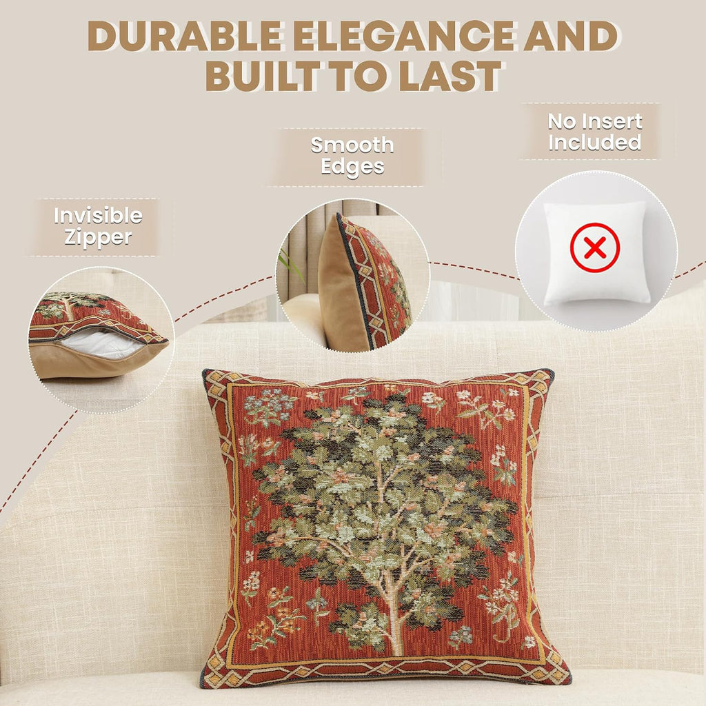 Medieval Oak Tapestry Throw Pillow Cover 14 X 14 in, Floral Cushion Cover