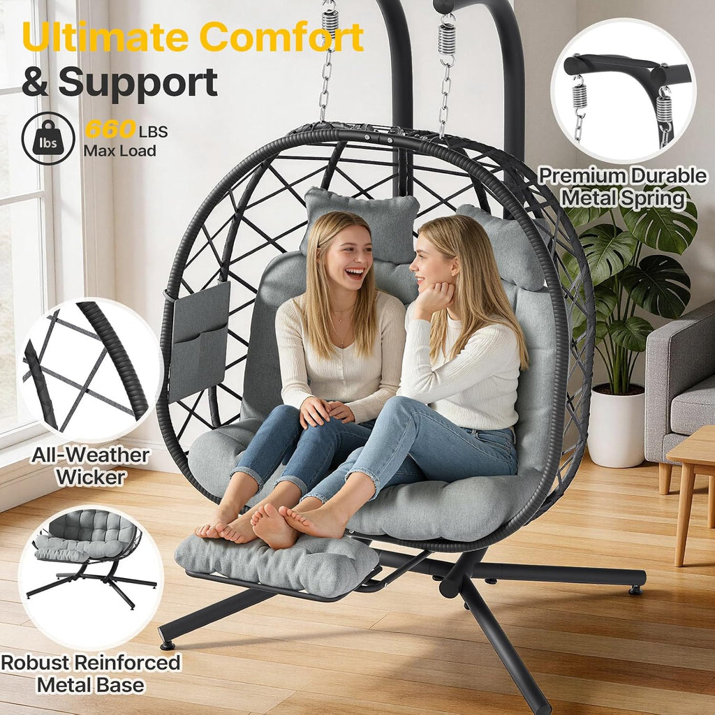 Suteck Double Hanging Egg Chair with Adjustable Footrest & Stand, Grey