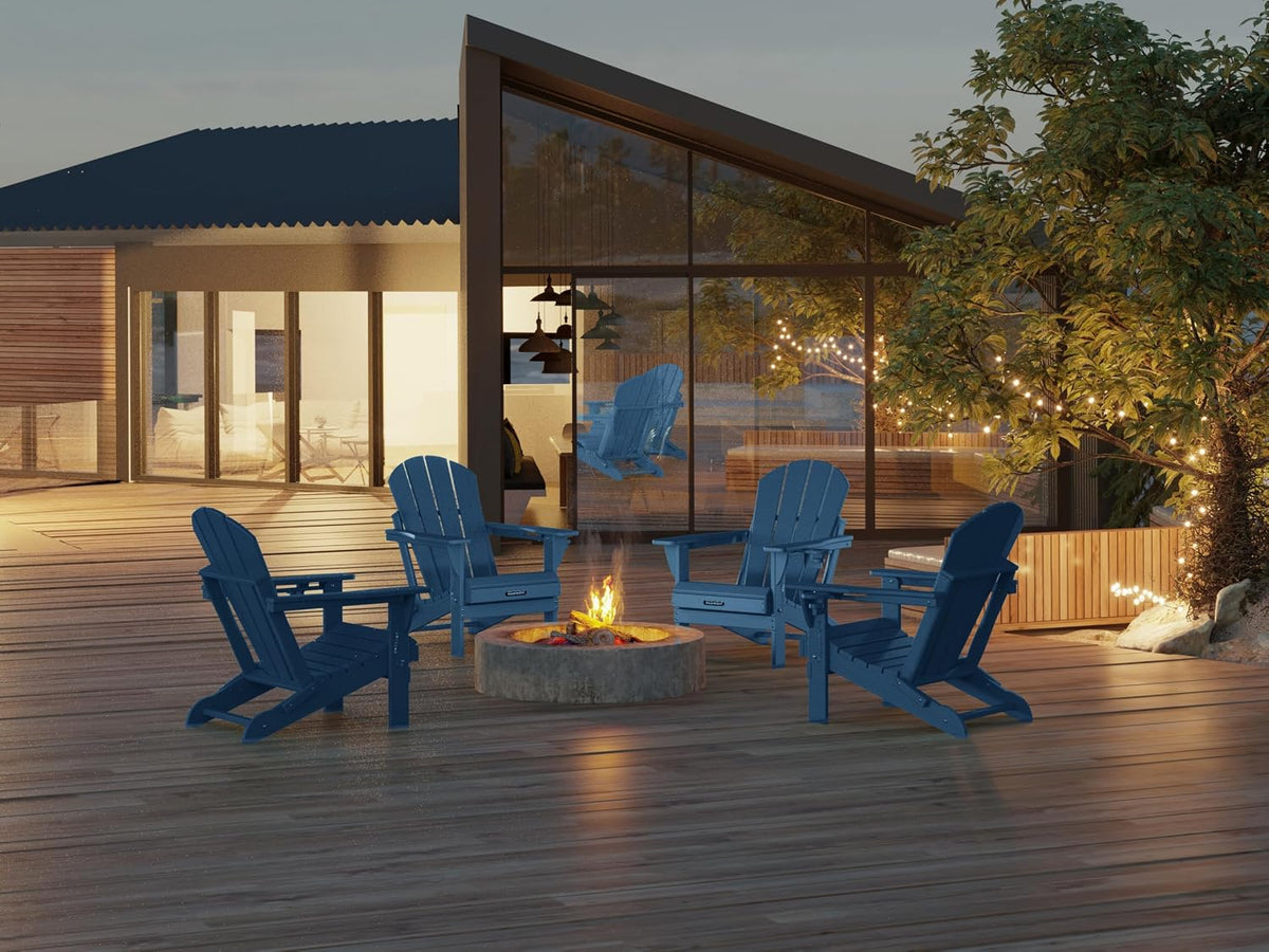 MUCHENGHY Folding Adirondack Chairs Set 4, HDPE for Fire Pit, Navy Blue (Set of 4)