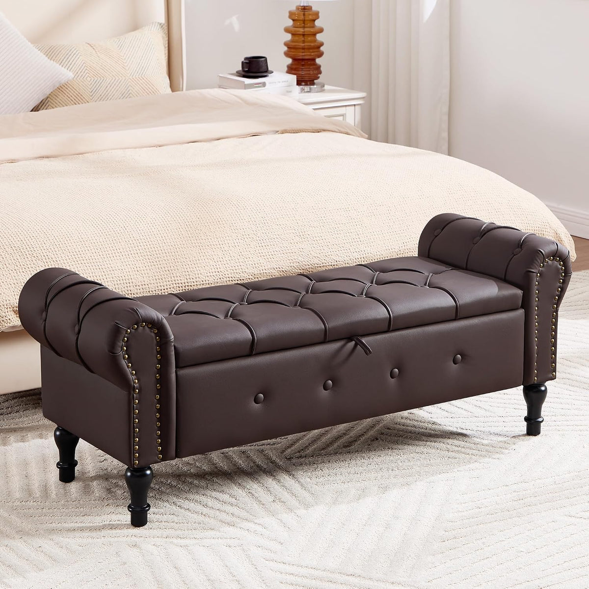 Storage Bench 51" Faux Leather End of Bed Benches Dark Brown