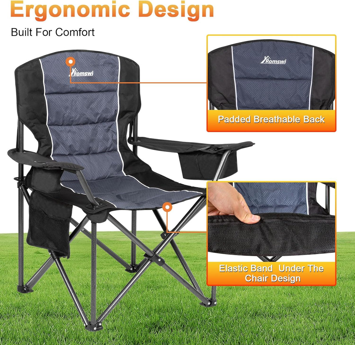 Romswi Oversized Camping Chairs,Heavy Duty Support 500 LBS,Padded Back & Arm Sport Chairs, Cup Holder Cooler Bag, Collapsible Folding Chairs for Outdoor, Fishing & Garden, Black,2-Pack