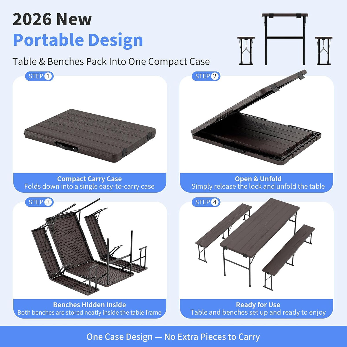 Polar Aurora Picnic Table Set with 2 Benches, 6 Feet Folding Camping Table Chair Set, Portable 3-Piece Outdoor Furniture with Wood Grain Top for Party, Picnic, Camping, Wedding (Brown)