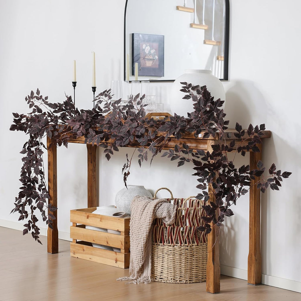 Mizii 10FT Artificial Vines Garlands Burgundy Faux Cimicifuga Vine Garland Silk Leaves Greenery Hanging Plants Fall Decoration for Table Centerpieces Mantle Room Thanksgiving Halloween Decor (10 FT)