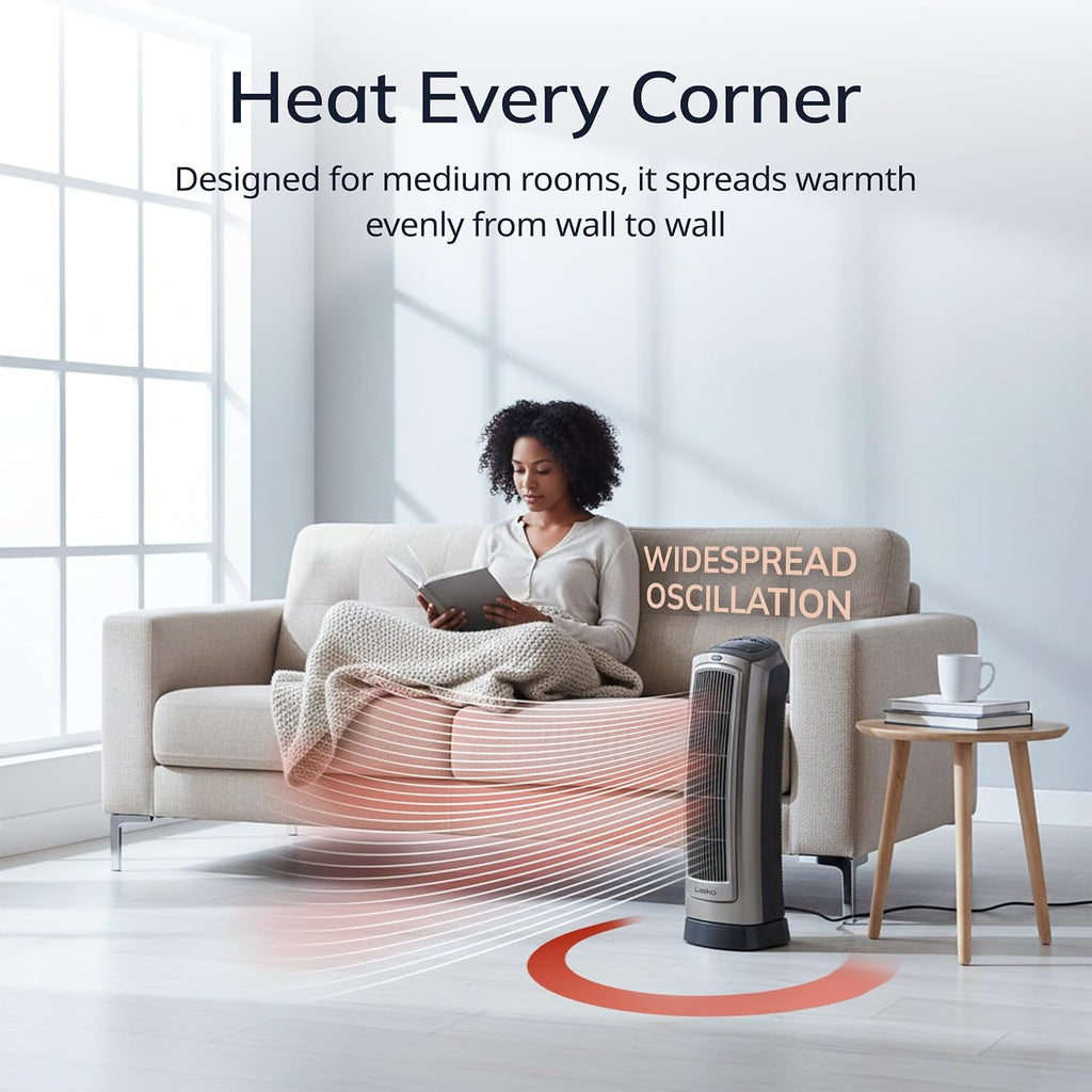 Lasko Oscillating Digital Ceramic Tower Heater for Home with Adjustable Thermostat, Timer and Remote Control, 23 Inches, 1500W, Silver, 755320