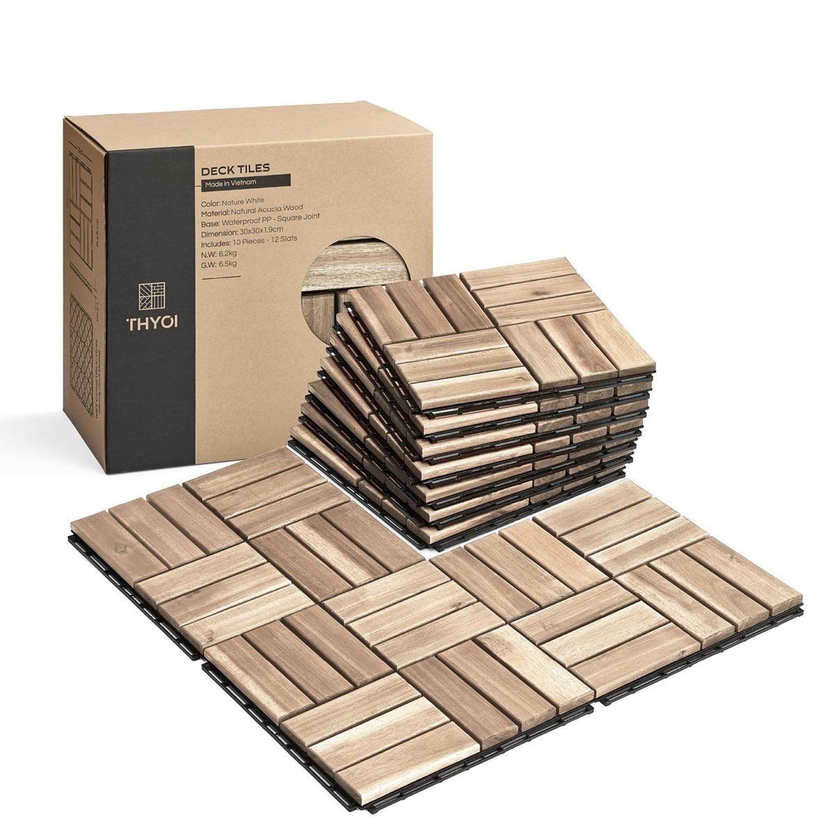 THYOI Premium Deck Tiles, 10 Pcs Patio Flooring - White - Crossed Pattern