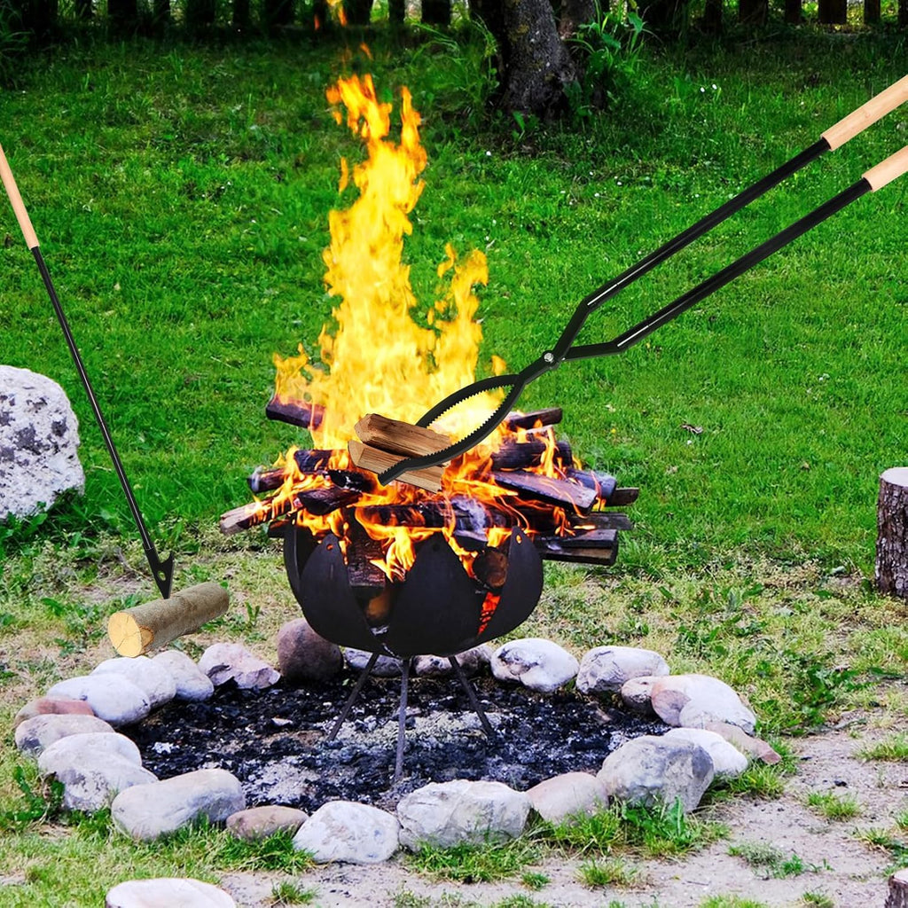 42" Fire Log Grabber & Fire Poker Set with Storage Bag, Portable Detachable