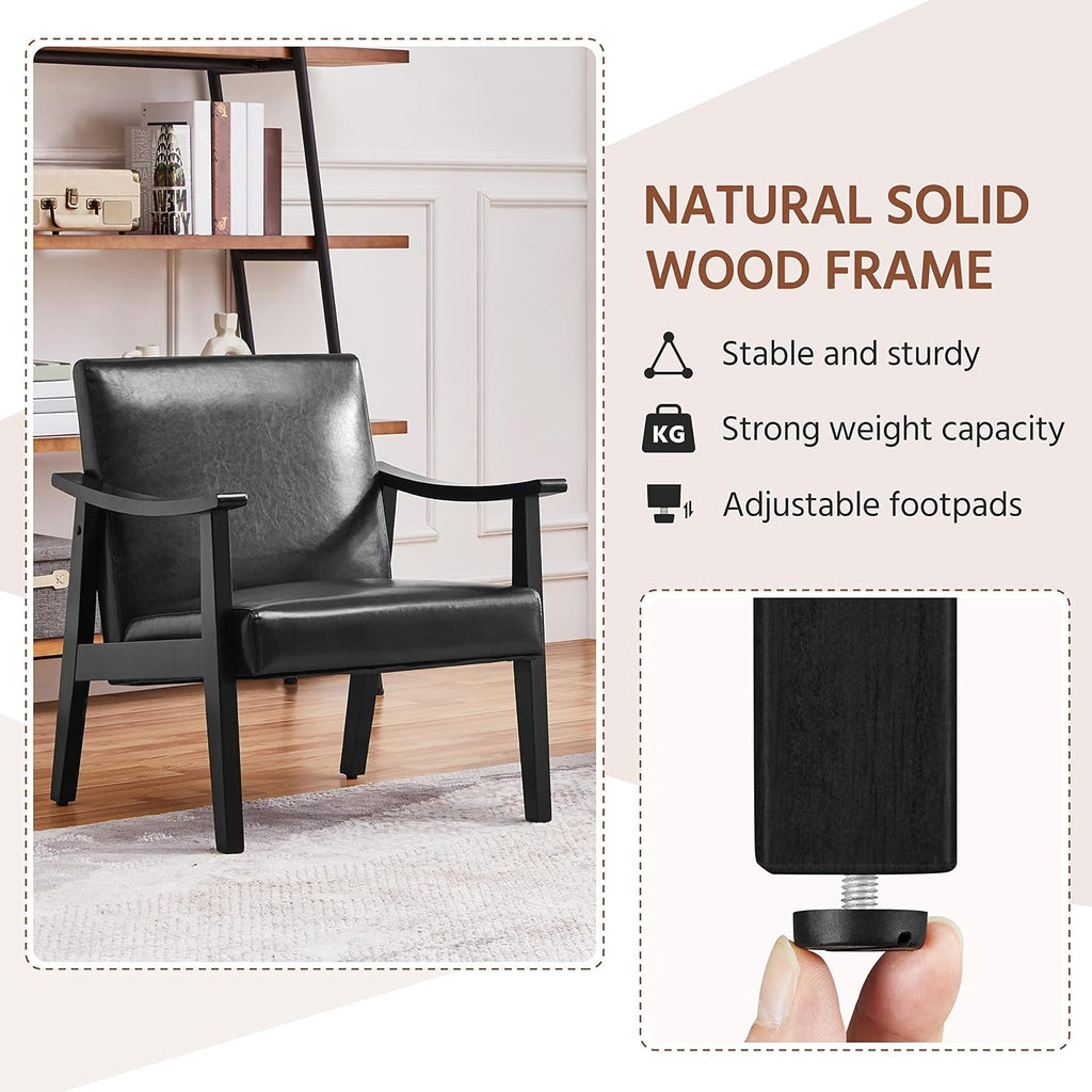 Yaheetech Accent Chairs Set of 2, Mid-Century Faux Leather Armchairs, Black