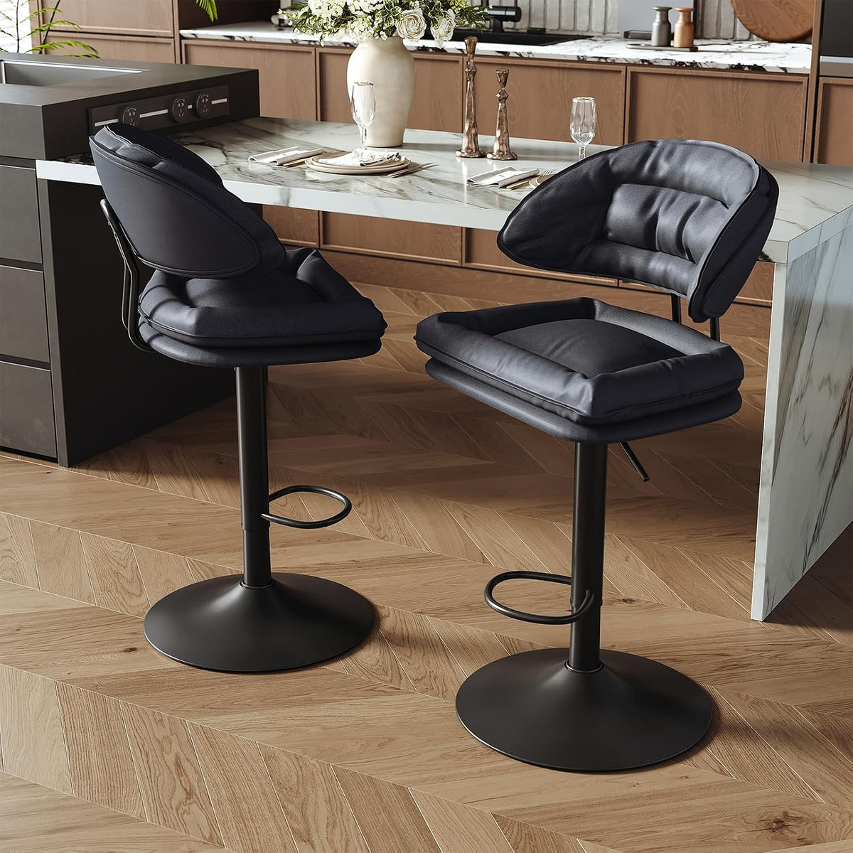 Nalupatio Modern Bar Stools Set of 2, Spacious Ergonomic Double-Layer Cushion Upholstered Swivel Bar Stools with Backrest, Adjustable for Kitchen Island,（Charcoal Black）