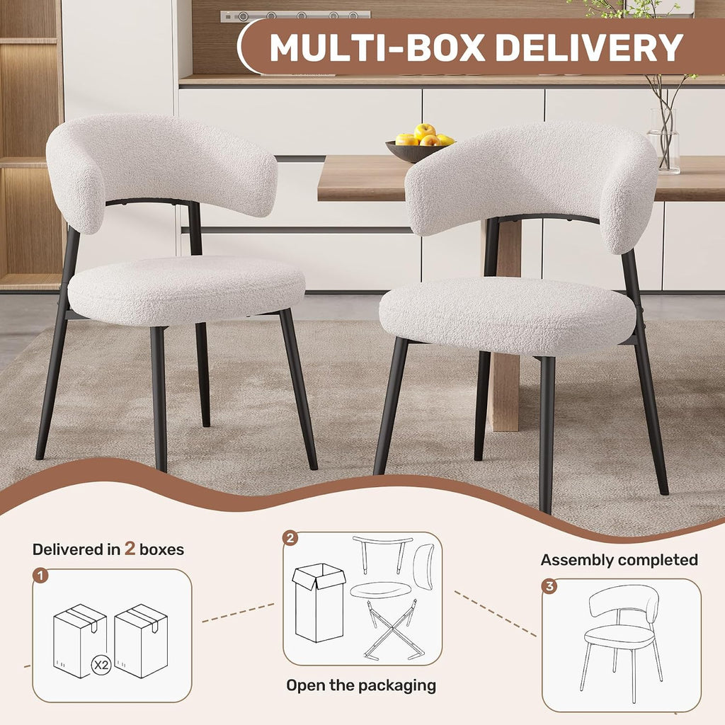 Dining Chairs Set of 2, Mid Century Modern Kitchen Chairs, Boucle Upholstered Dining Chair with Curved Backrest & Metal Legs for Kitchen Dining Room, White