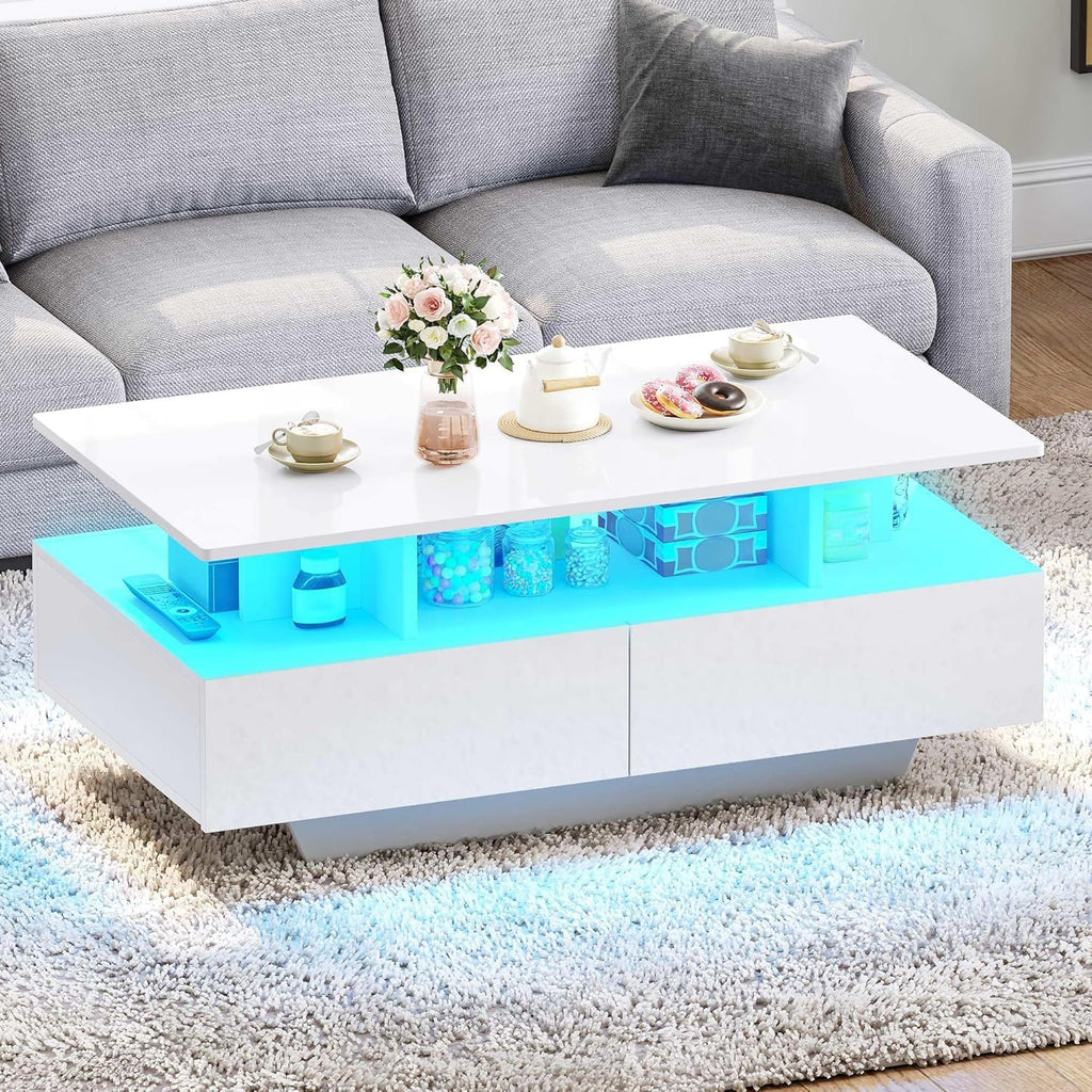 DWVO LED Coffee Table with Storage 4 Drawers, Modern High Glossy Coffee Tables for Living Room, White Rectangle Coffee Table Small Center Table with Open Display Shelf & Sliding Drawers, White