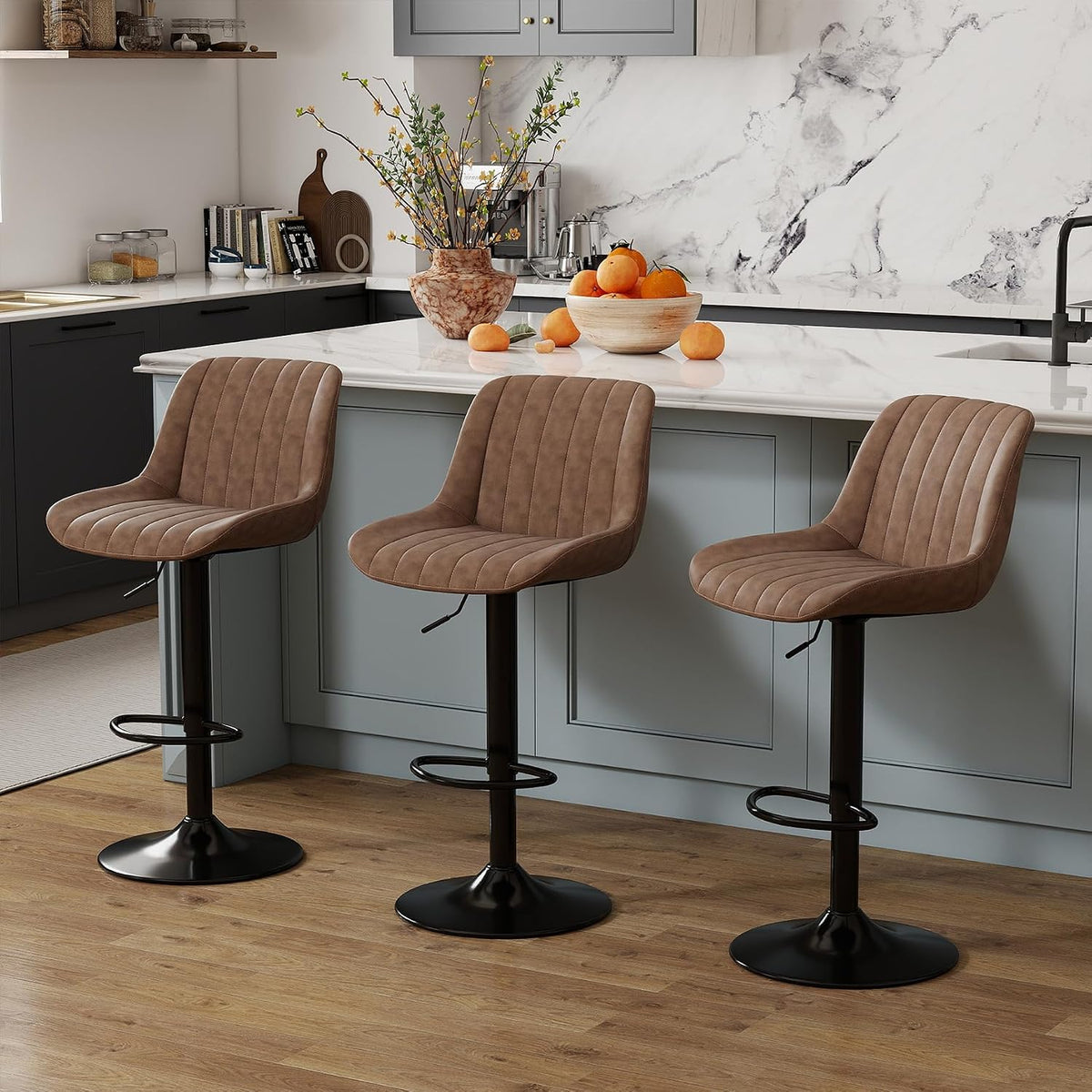 Youhauchair Adjustable Faux Leather Bar Stools Set of 3, Light Brown