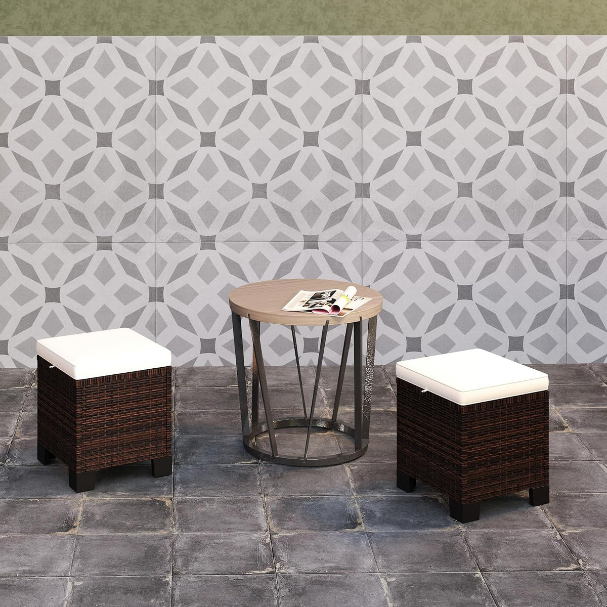 Outsunny 2 Pieces Outdoor Patio Ottomans All Weather PE Rattan Beige