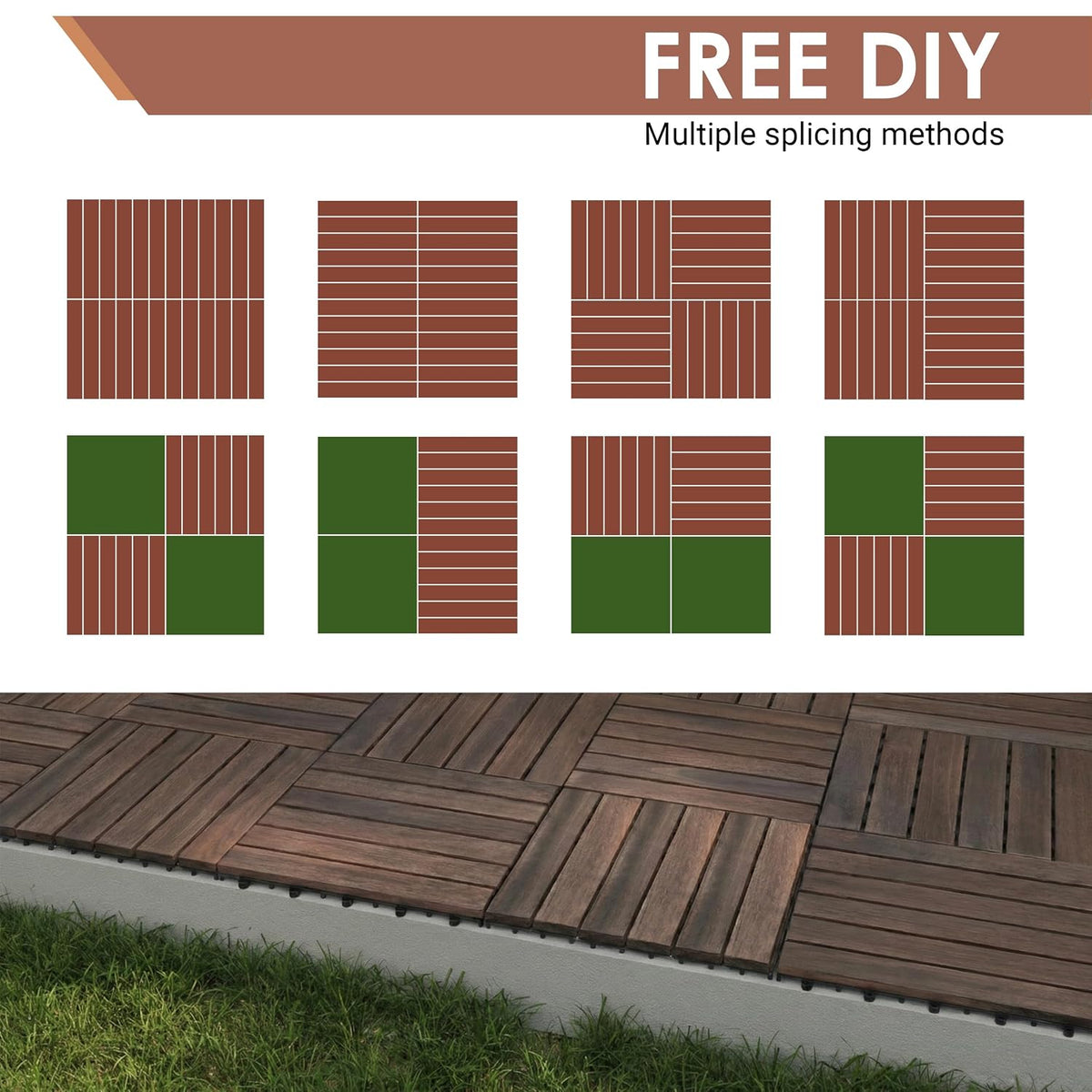 PrimeZone 54 PCS Solid Acacia Wood Interlocking Patio Deck Tiles Outdoor