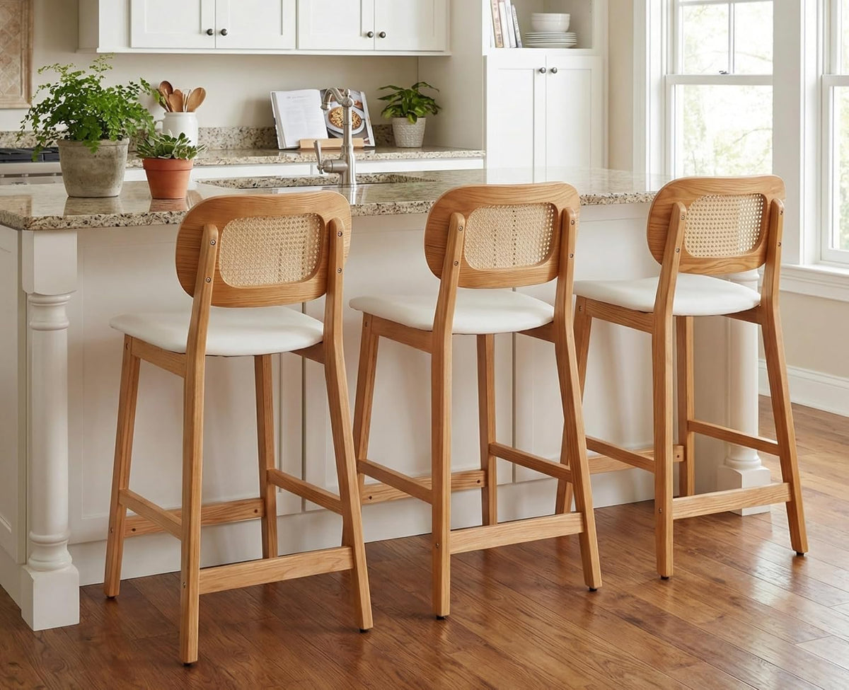 EALSON Rattan Counter Height Bar Stools Set of 3 Modern Farmhouse Barstools with Cane Backs 26 Inch Wood Counter Stool Breakfast Upholstered Bar Chairs for Kitchen Island, Leather White