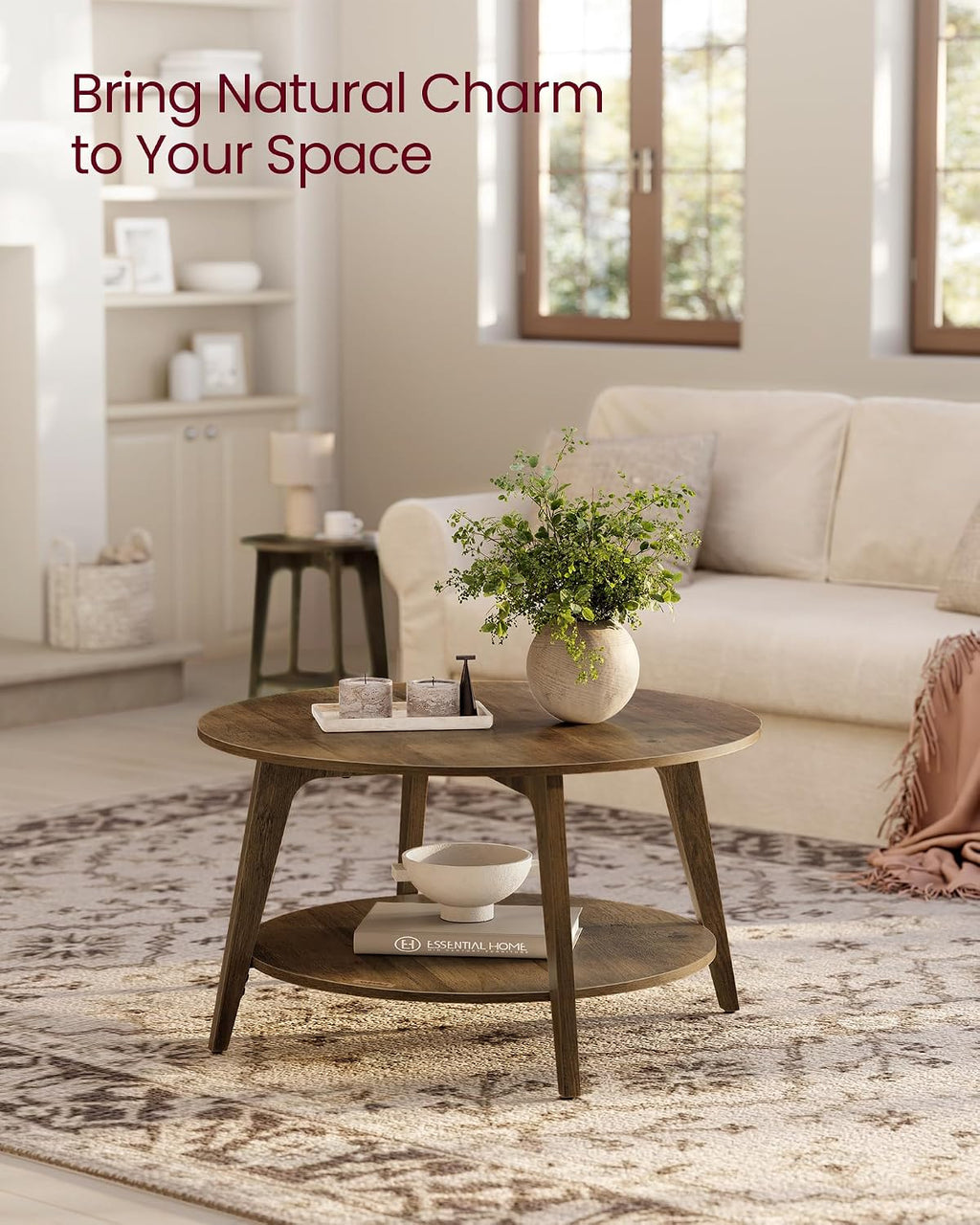 VASAGLE Round Coffee Table, 2-Tier Center Table with Storage, Tapered Legs