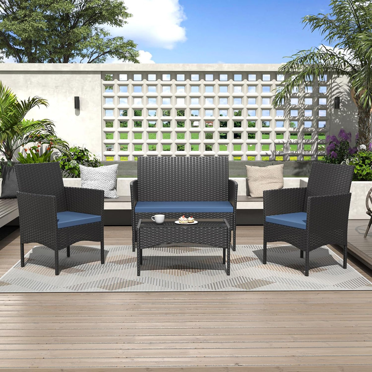 ALAULM 4 Pieces Patio Furnitrue Set Outdoor Patio Conversation Set Wicker Chairs w/Soft Cushions and Glass Coffee Table Outdoor Settees for Backyard, Porch, Poolside(Dark Blue)