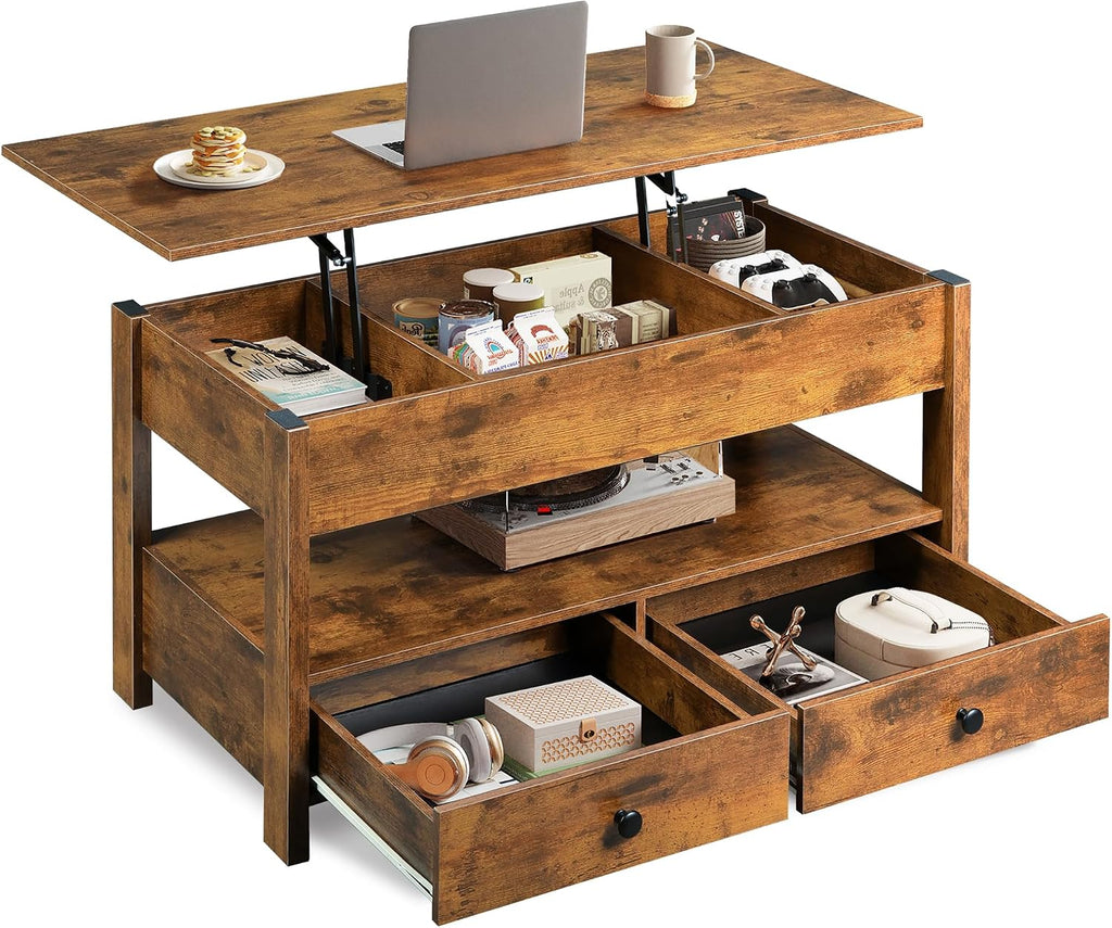WLIVE Lift Top Coffee Table with 2 Drawers Brown
