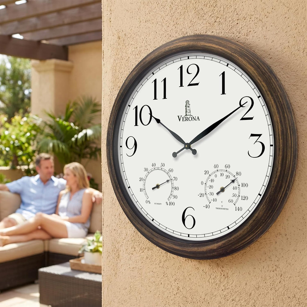 Large Outdoor Clocks for Patio Waterproof with Thermometer Combo, 18 Inch
