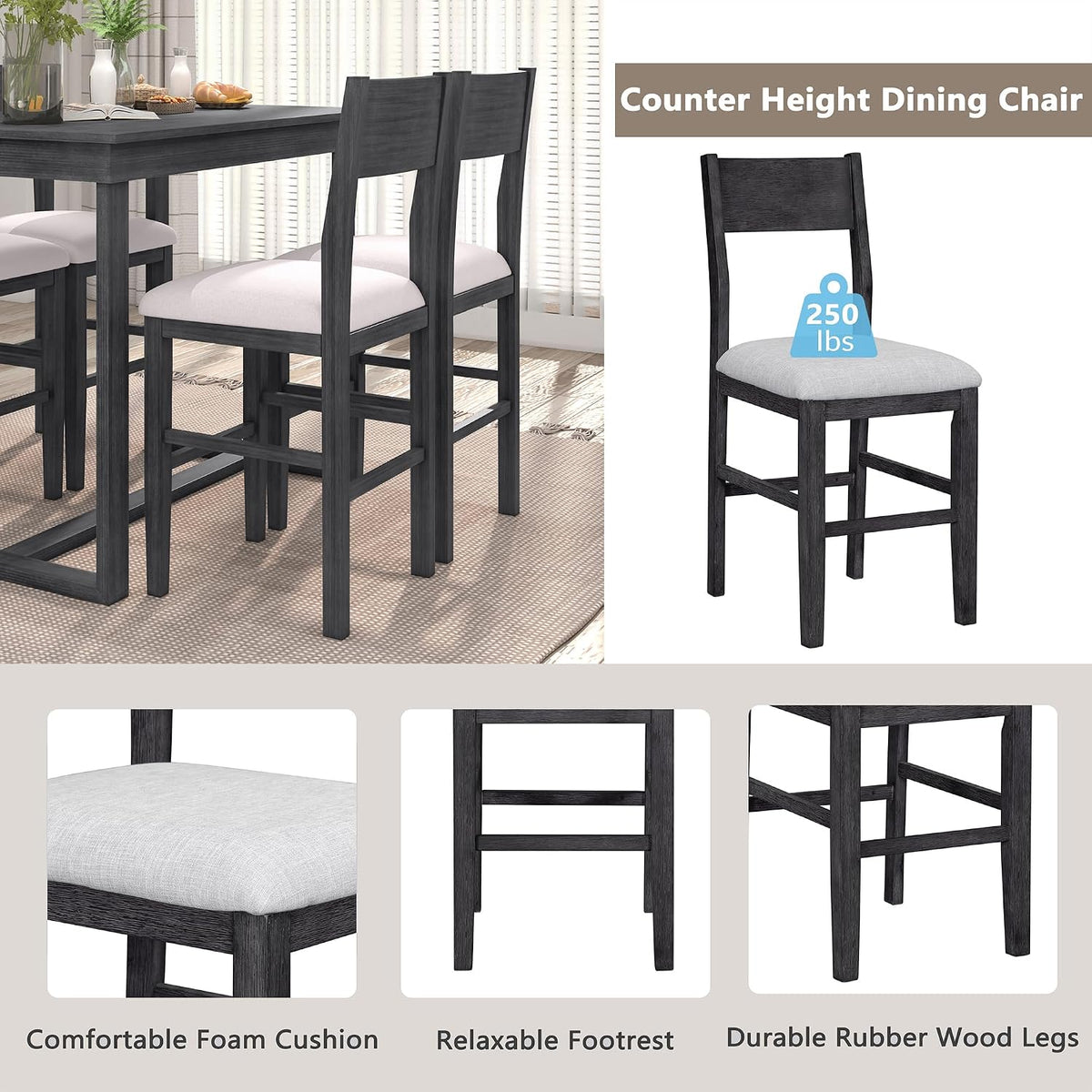 LUMISOL Small Breakfast Table Set for 4, 5-Piece Kitchen Table Set with Upholstered Bar Stools, Modern Style Wooden Table Set, Easy Assembly, Gray