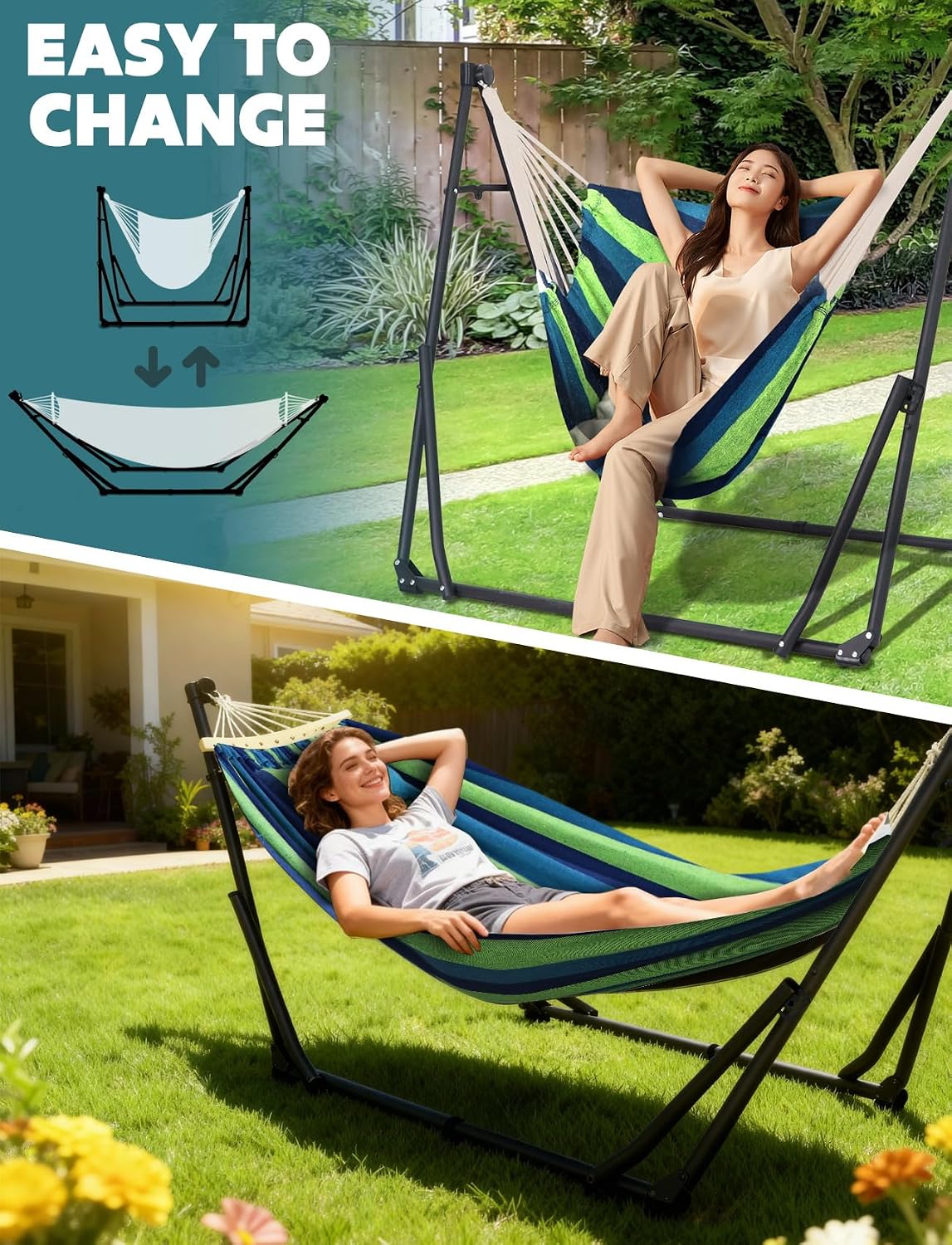 anyoo 2-in-1 hammock & chair stand with collapsible shown in use