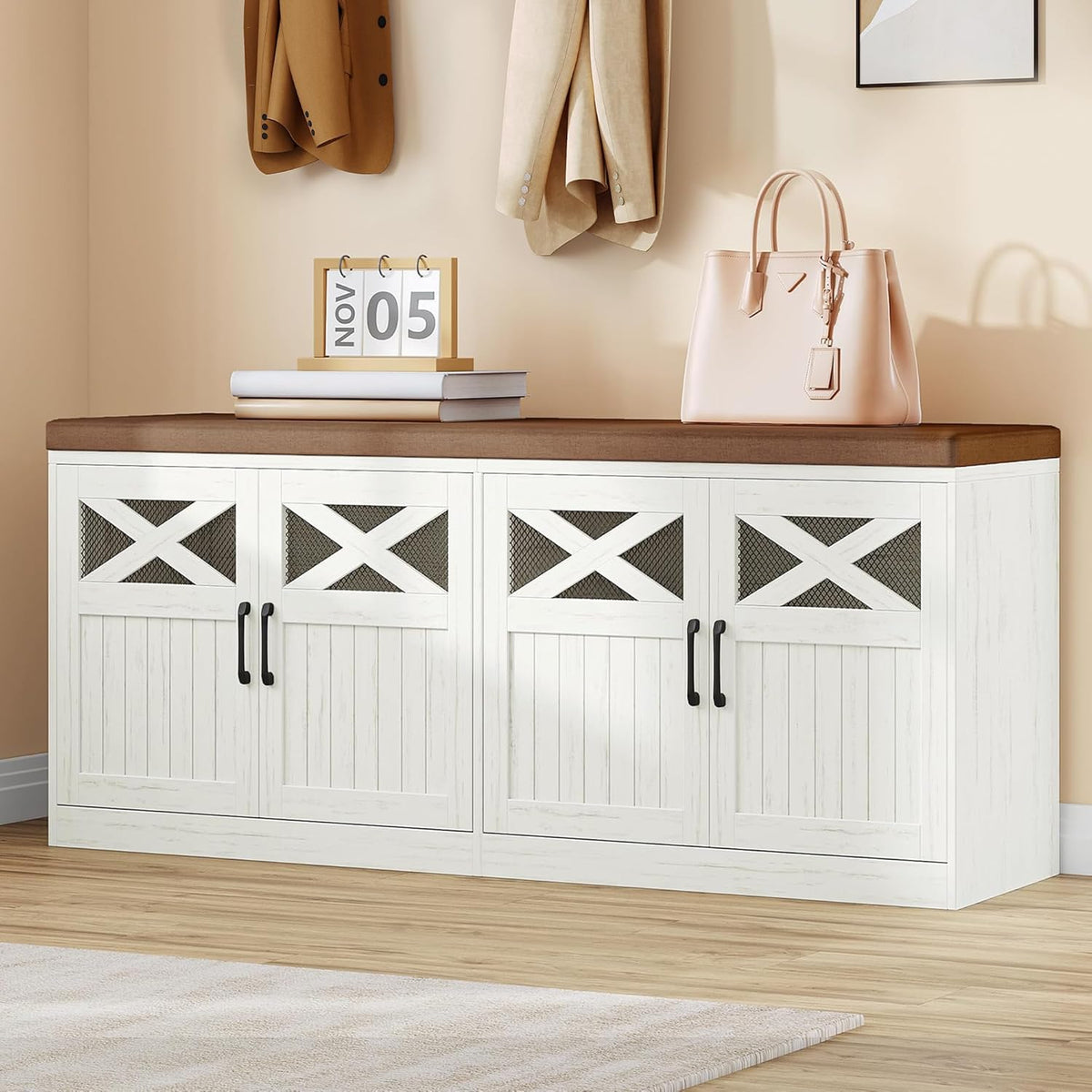 Hzuaneri 47.2" Shoe Storage Bench with 4 Barn Doors & Padded Seat Cushion
