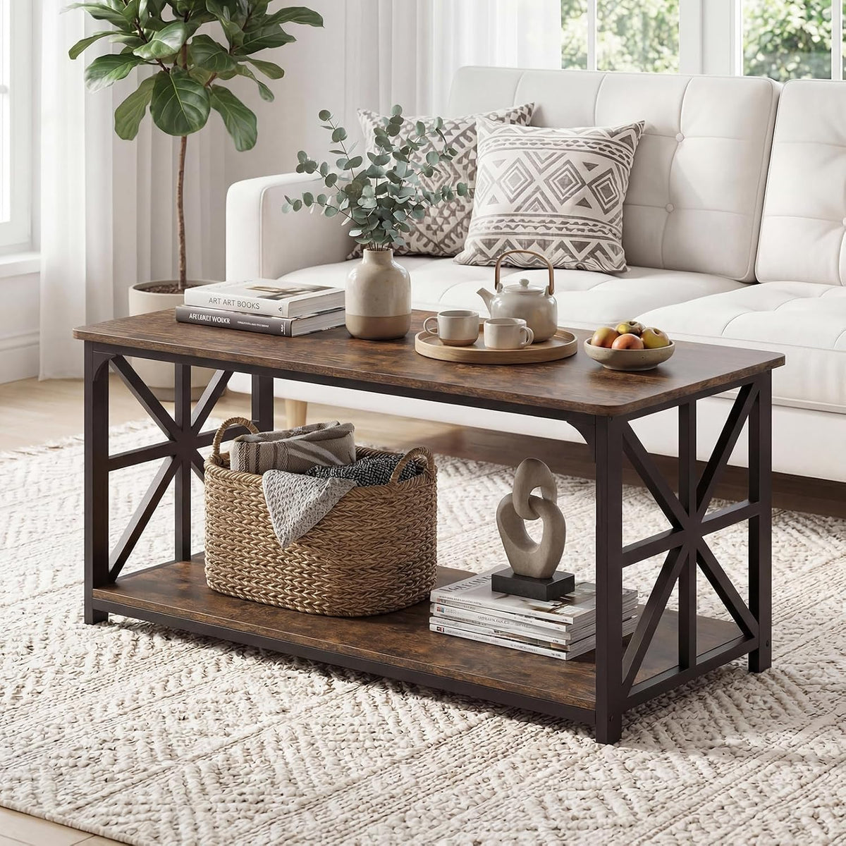 GIANTEX Farmhouse Coffee Table, 43" Center Table with Storage, Rustic Brown