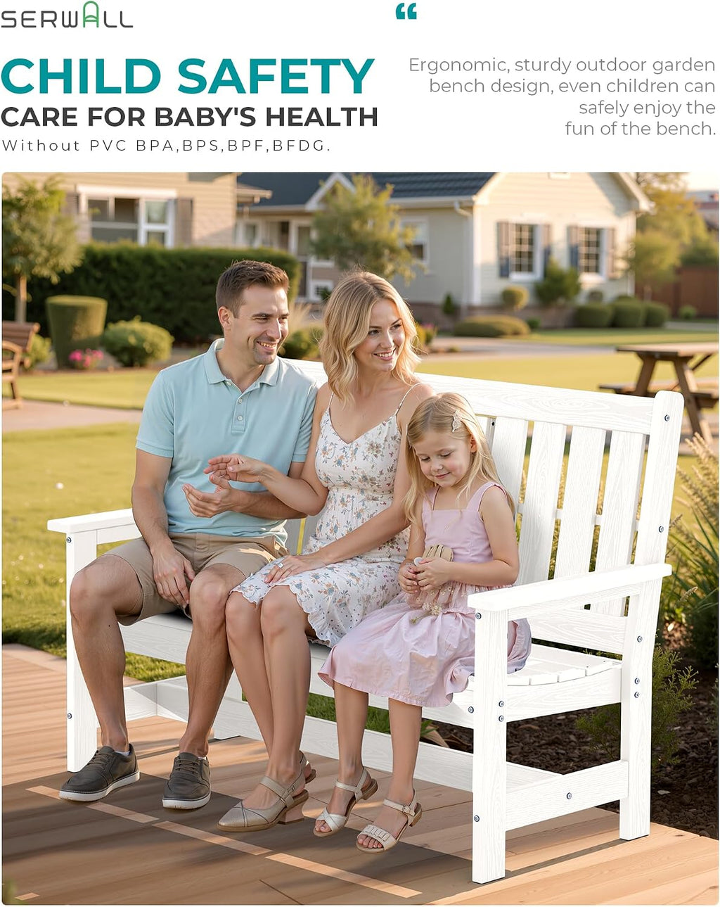 SERWALL HDPE Outdoor Bench with Cup Holder Oversized 58" Porch Bench, White