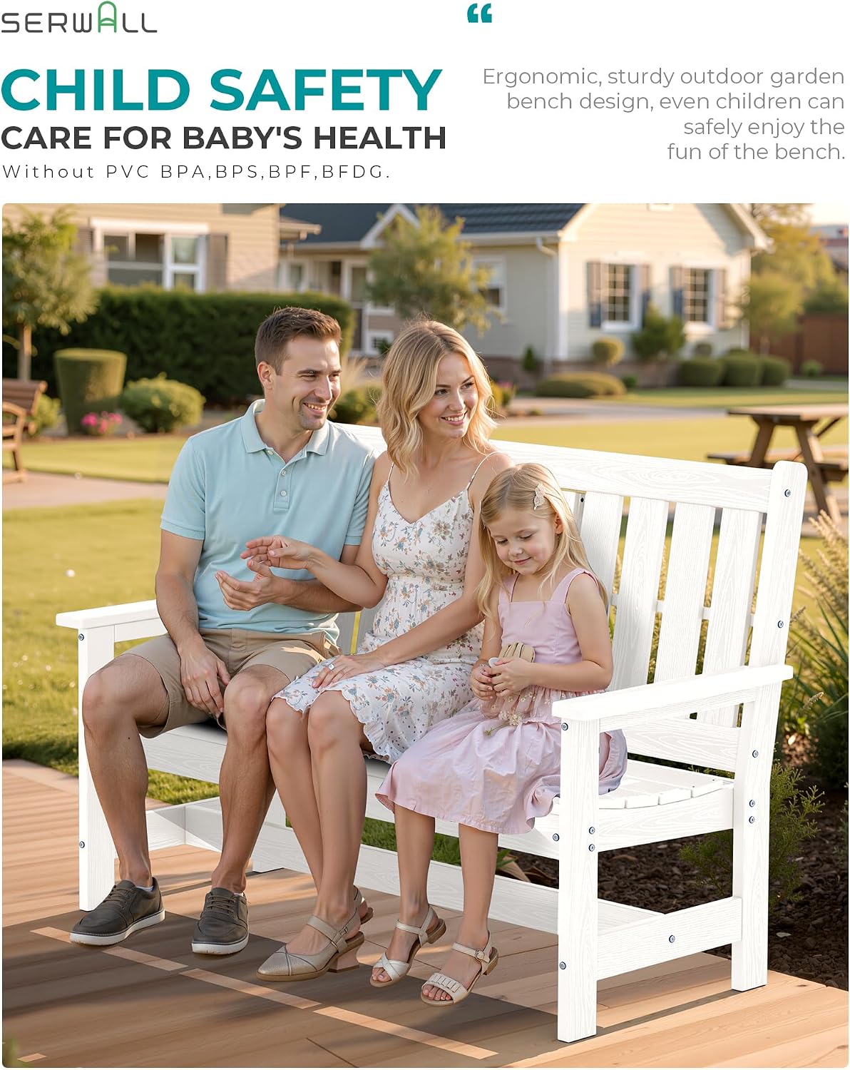 SERWALL HDPE Outdoor Bench with Cup Holder Oversized 58" Porch Bench, White