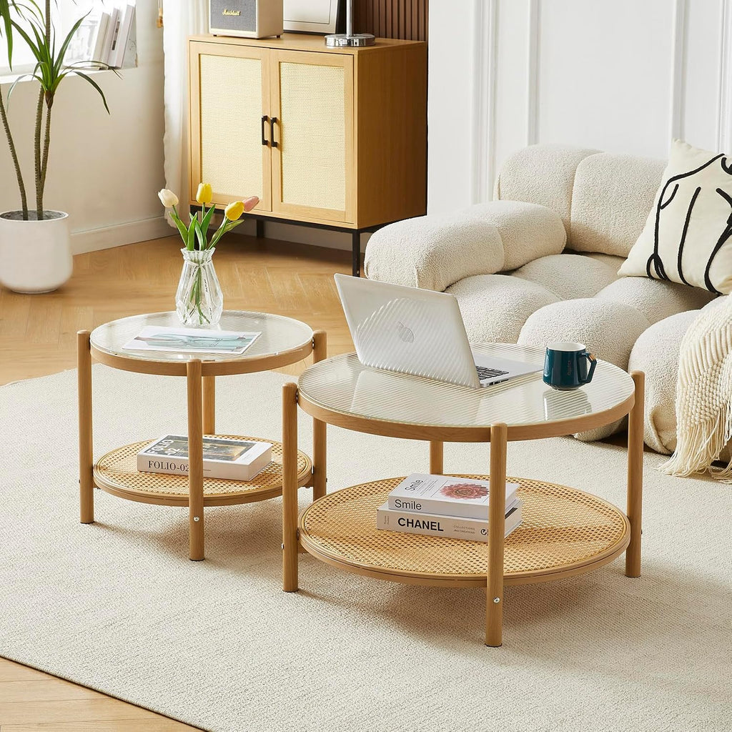 19.6" Boho Rattan Coffee Table, Round Tempered Glass Metal End Table