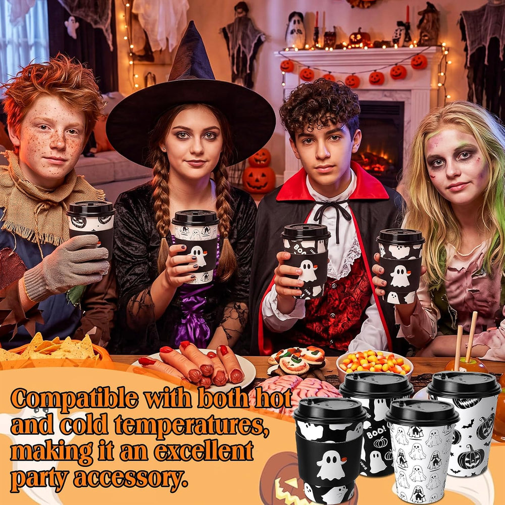 Suclain 100 Sets Halloween Disposable Coffee Cups with Lids & Sleeves, 12...