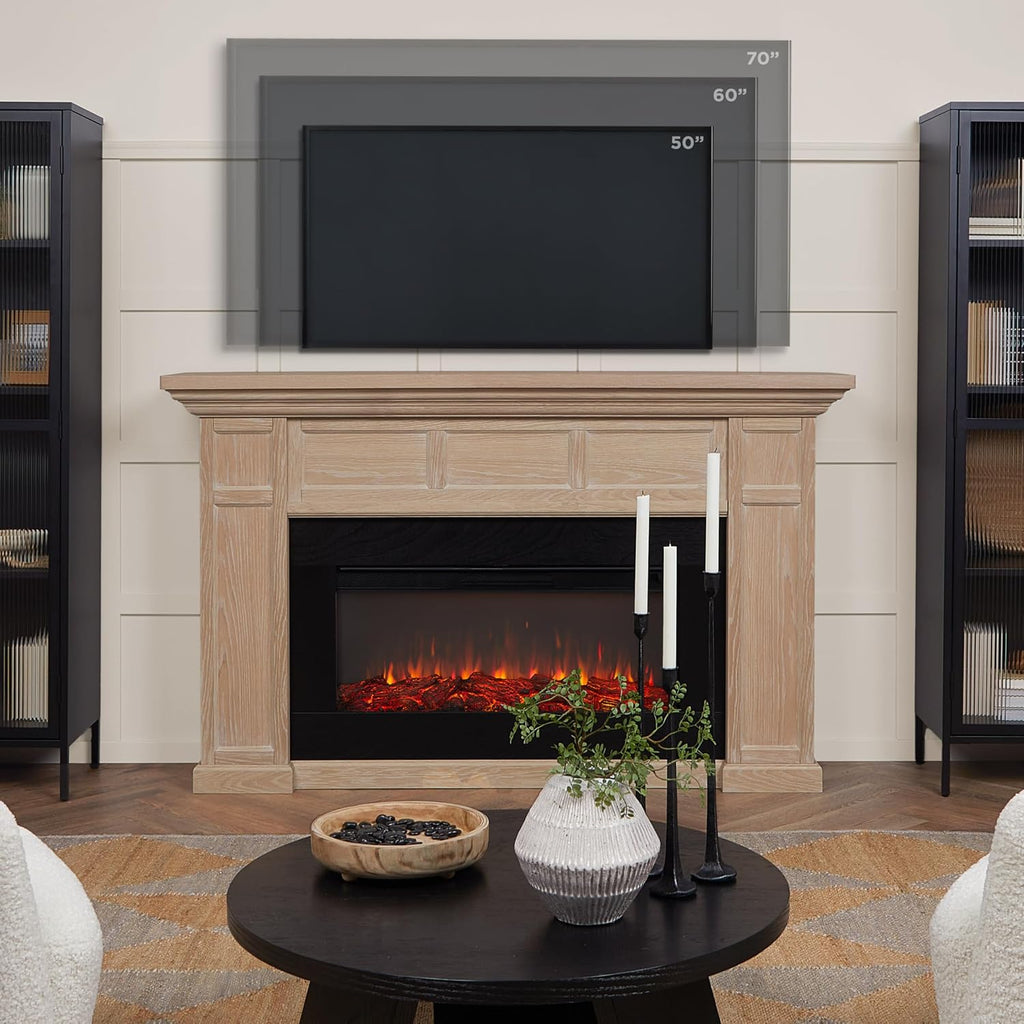 Real Flame Alcott 75” Electric Fireplace with Mantel for Living Room or Bedroom, Replaceable Fireplace Insert Heater, Realistic Log and Flame Effect, Remote Control, Timer