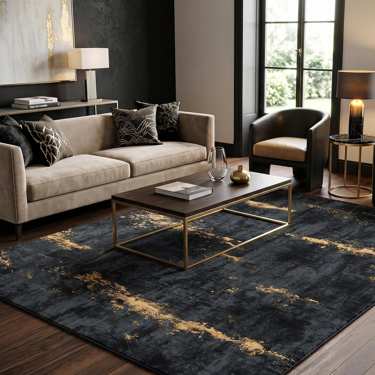 Fixwal Washable 6x9 Area Rug for Living Room, Non-Slip, Black/Gold