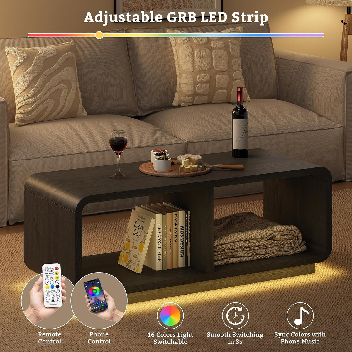 LYNSOM 47" Mid Century Modern Coffee Table, 2-Tier Center Table with Curved Profile Design & Independent Compartments, Wooden Rectangular Table with LED Light Strip for Living Room, Office, Black