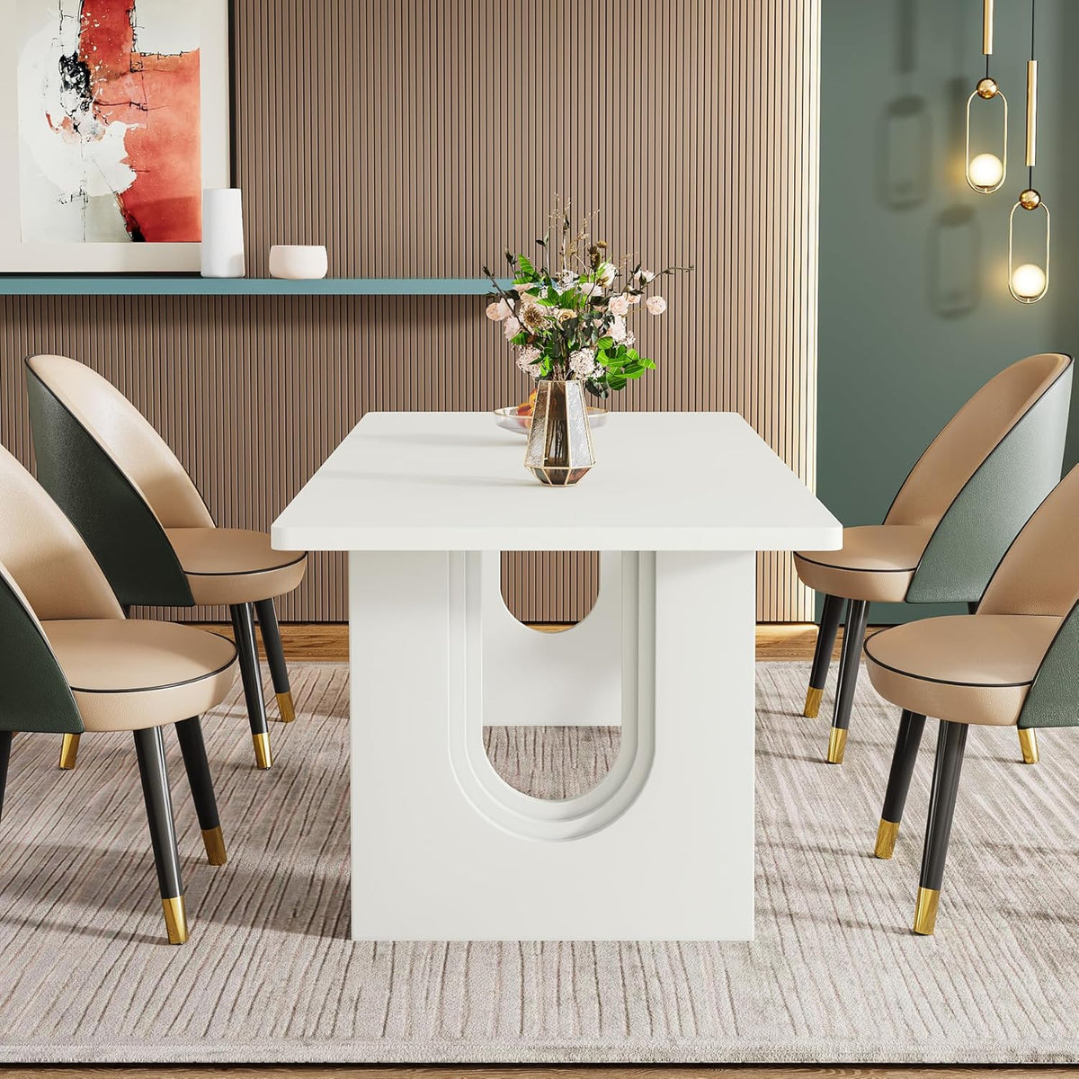 Tribesigns Modern Dining Table for 6 to 8 People, 71" Large Kitchen Dining Table with Wood Pedestal Base, Rectangular Long Dinner Table for Kitchen, Dining Room, Living Room, White