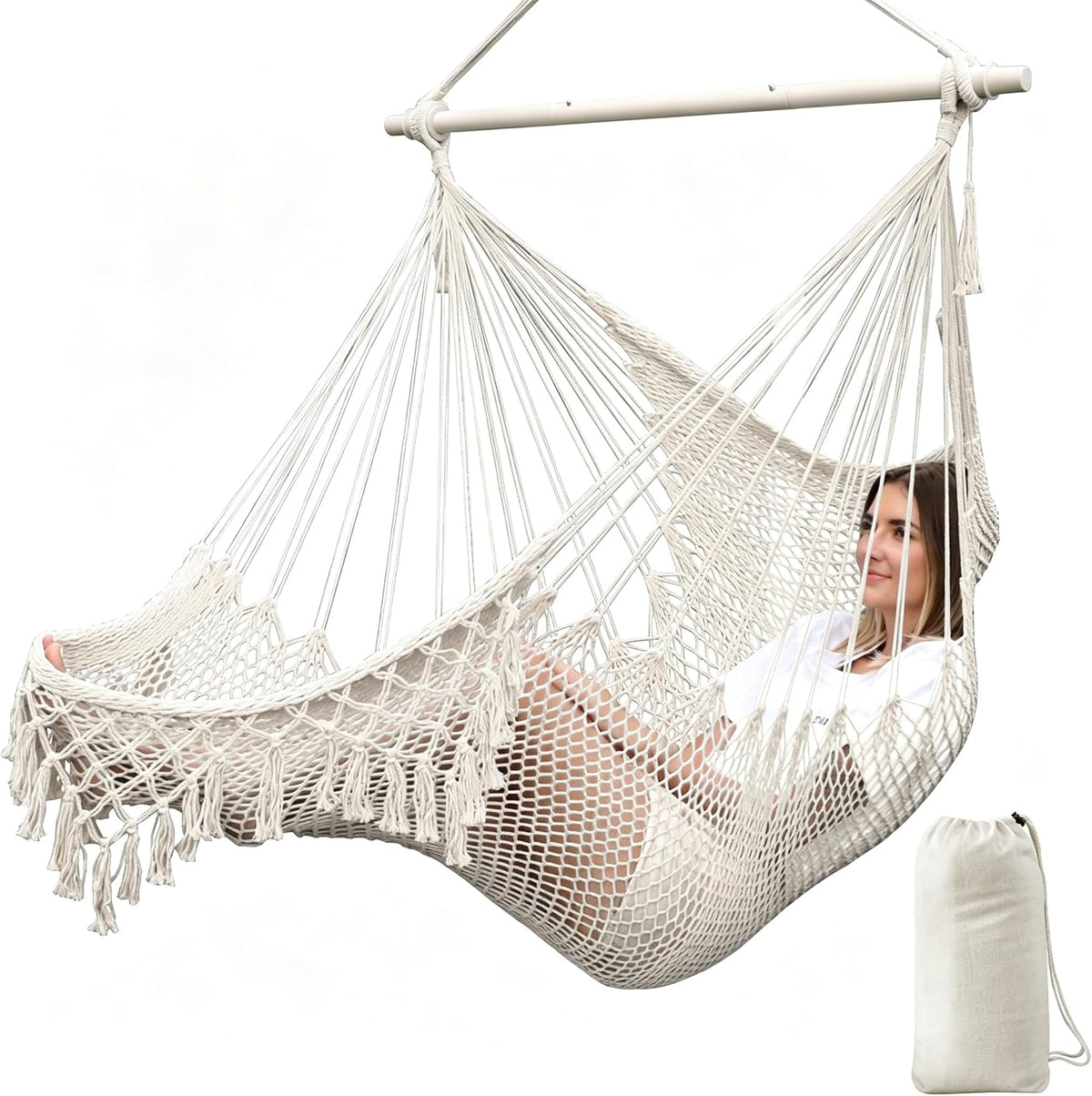 Chihee Hammock Chair Handmade Woven Mesh Hanging Seat Metal Spreader Bar
