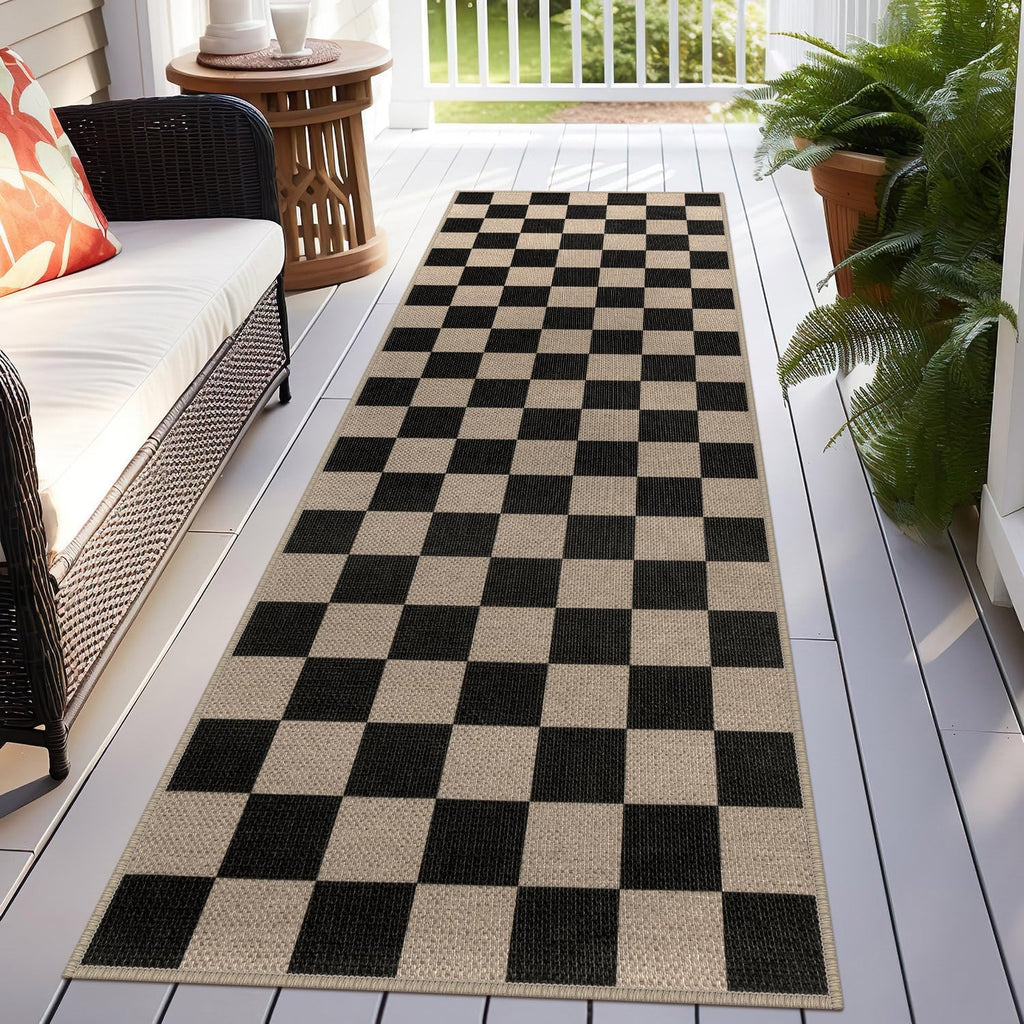 Rugalia Easy Jute Checkered Runner Rug, 2.6x8 Black Modern Washable Rugs Runner for Hallway Non-Slip Kitchen Runner Rug, Geometric Checkerboard Indoor Outdoor Carpet for Porch Laundry Entryway