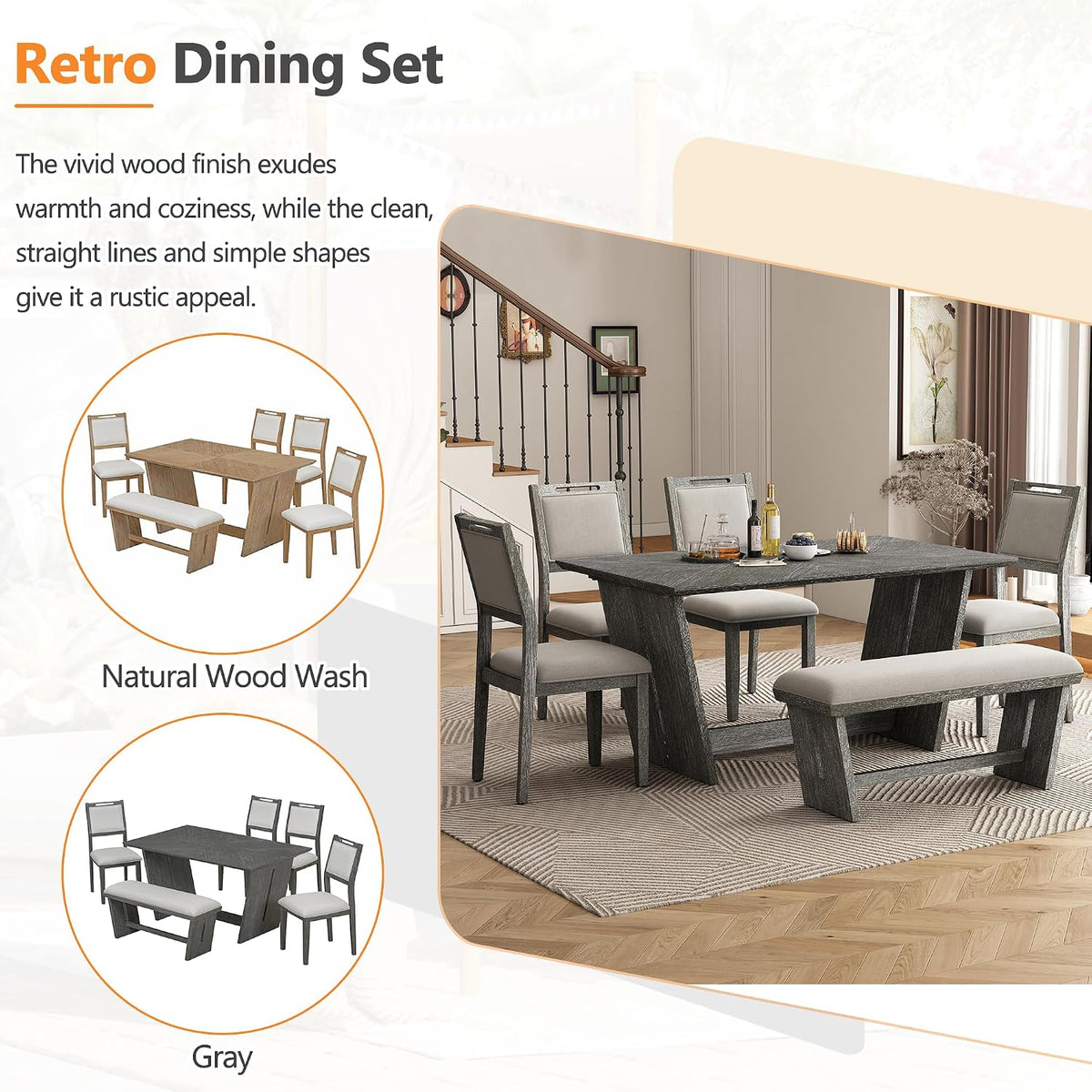 Merax 6-Piece Retro Dining Set, 1 Rectangular Table with Stable Trapezoidal Table Base and 4 Upholstered Chairs and 1 Bench for Dining Room and Kitchen, Antique Gray