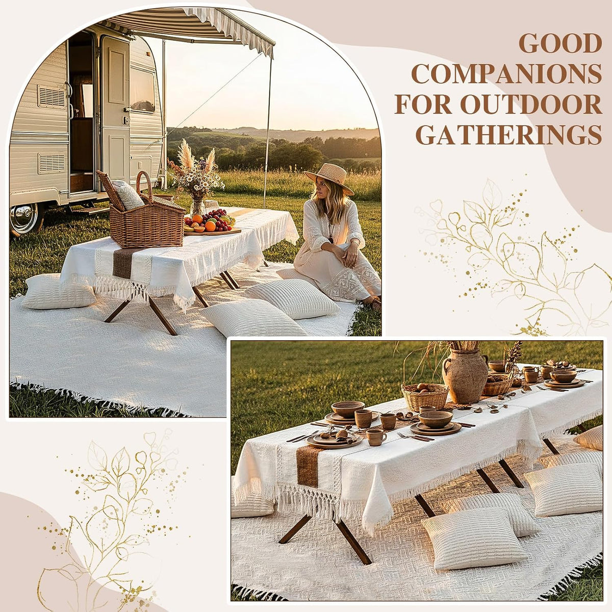 Novabright 20 Pcs Boho Picnic Set with Table Blanket Runner,Pillow Covers