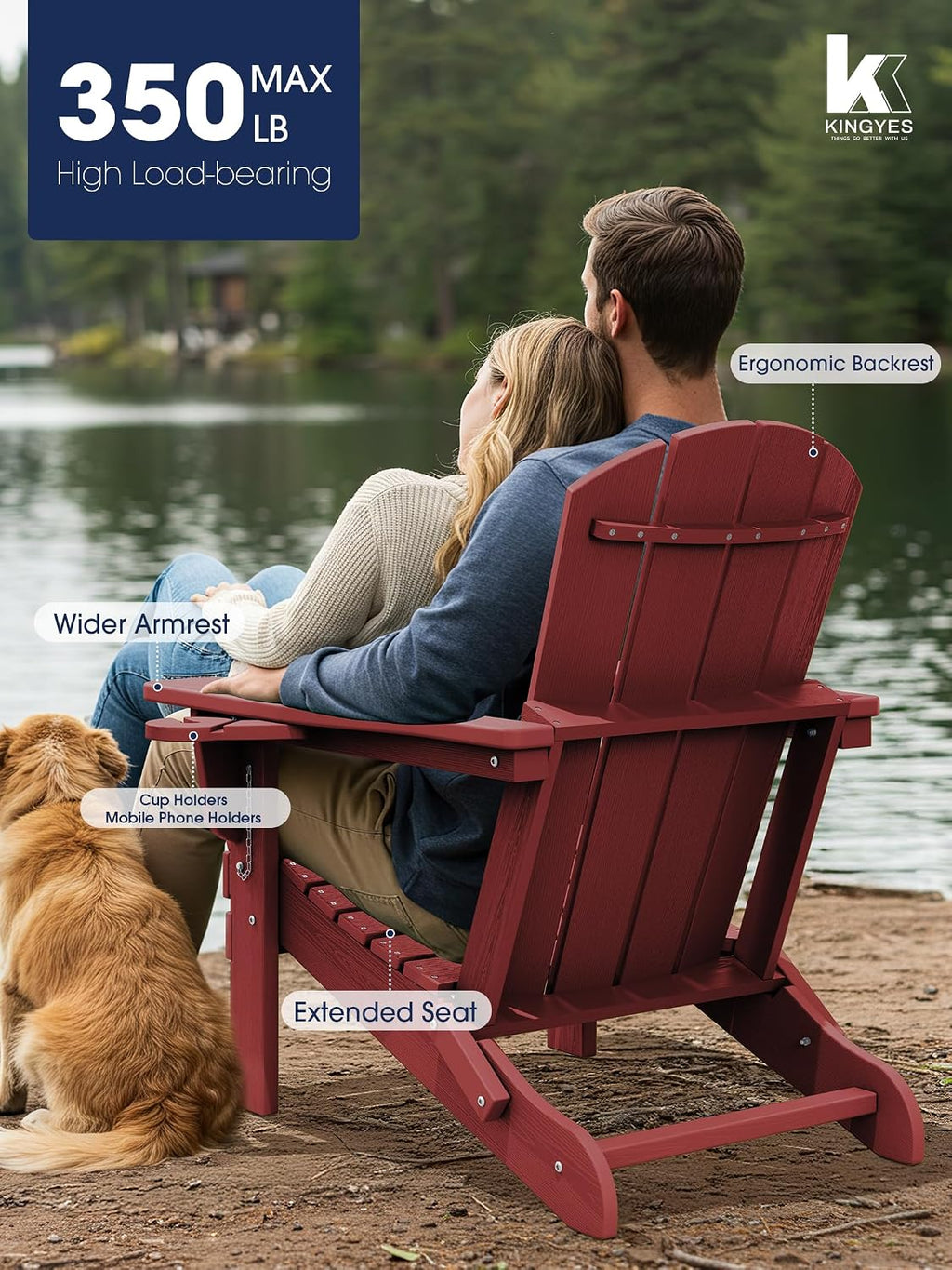 KINGYES Folding Adirondack Chair Set of 4 with 2 Cup Holders, Red