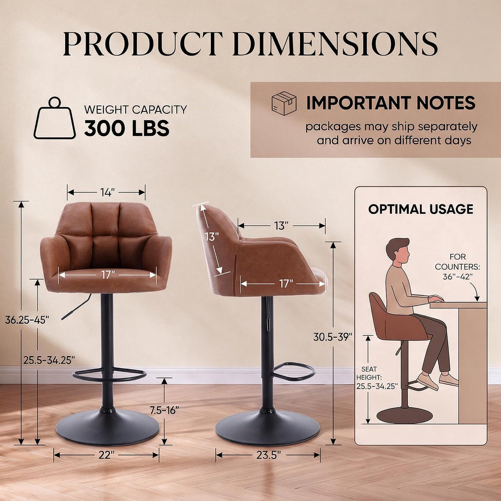ROCITY Swivel Bar Stools Set of 2, Adjustable Height, Brown Faux Leather