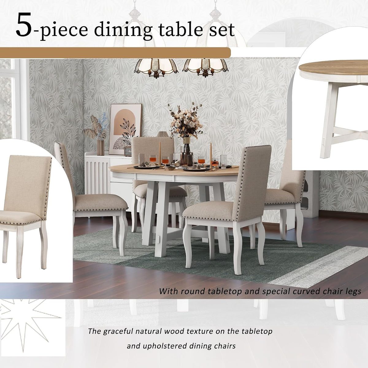 Merax Farmhouse Dining Table Set - 5-Piece Wood Round Extendable Table and 4 Upholstered Dining Chairs (Oak Natural Wood + Antique White)