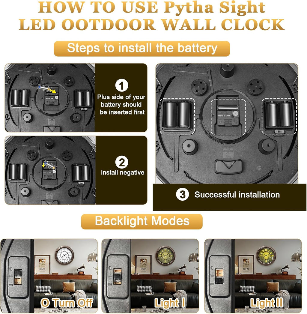 Pytha Sight 15 Inch Metal Illuminated Outdoor Clocks for Patio Waterproof