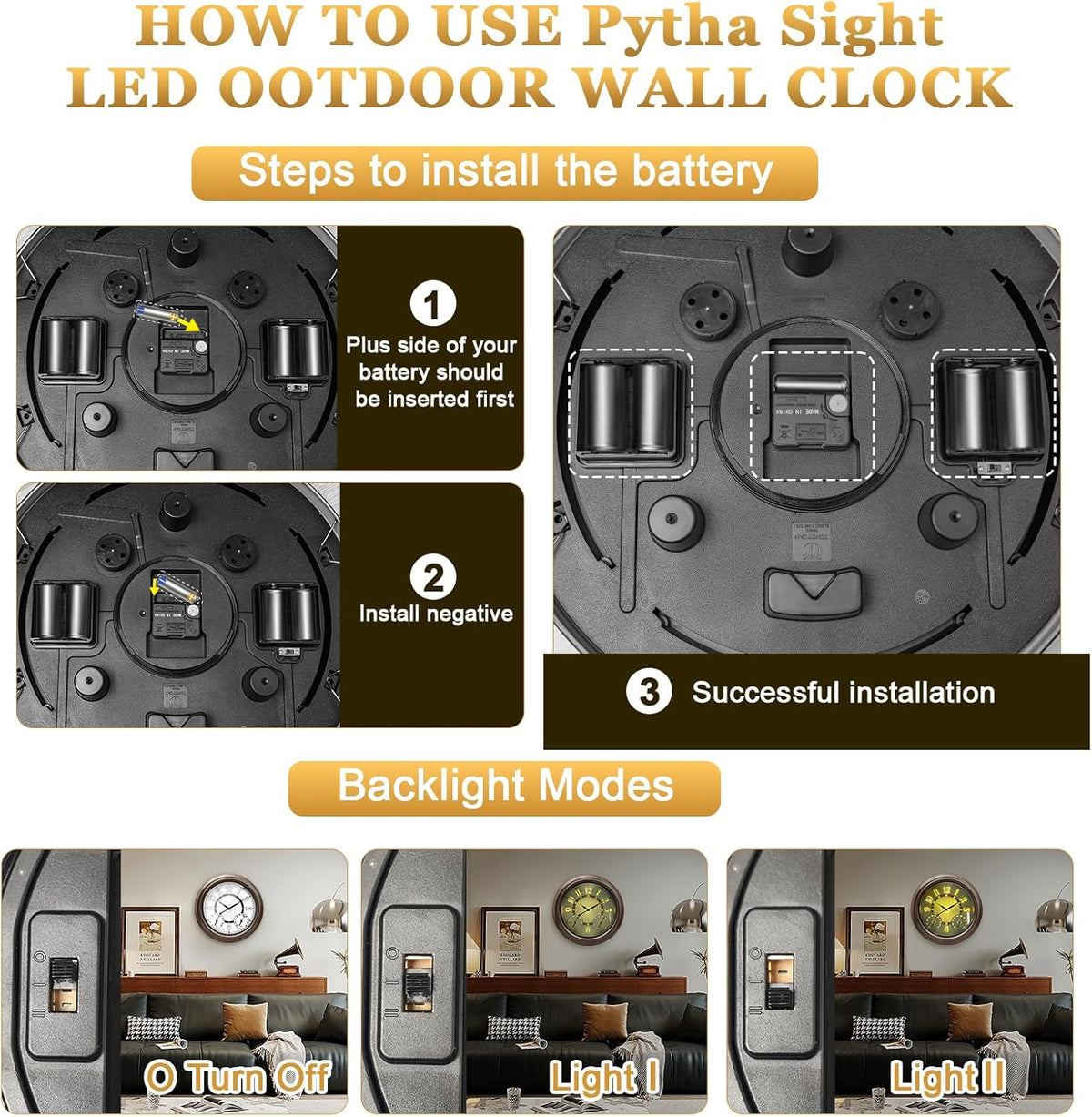 Pytha Sight 15 Inch Metal Illuminated Outdoor Clocks for Patio Waterproof