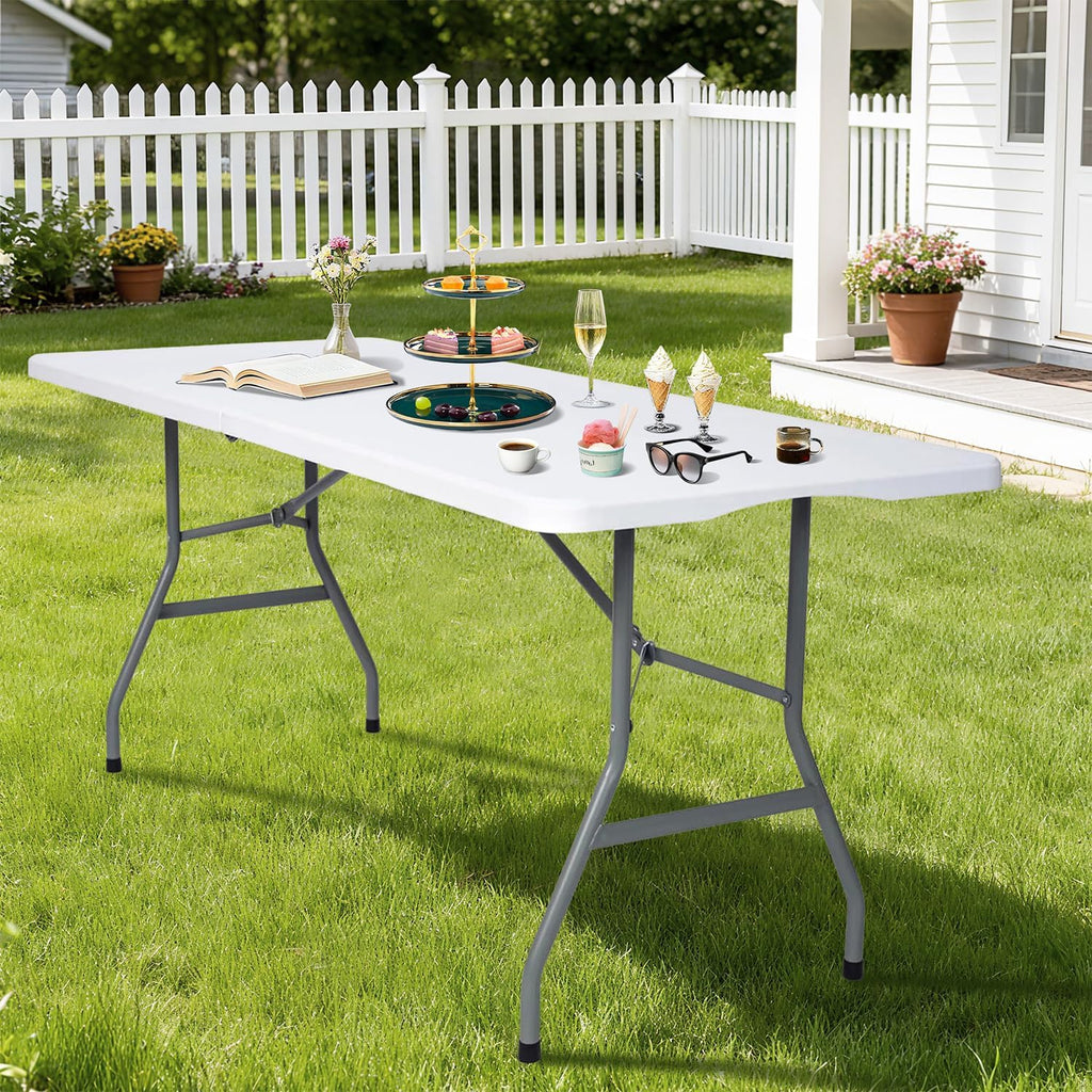 Folding Table 6ft Foldable Table with Built in Handle & Steel Legs / 6FT Heavy Duty Folding Portable,Perfect for Party, Dining Indoor/Outdoor Events, Tailgating & Backyard BBQ,White