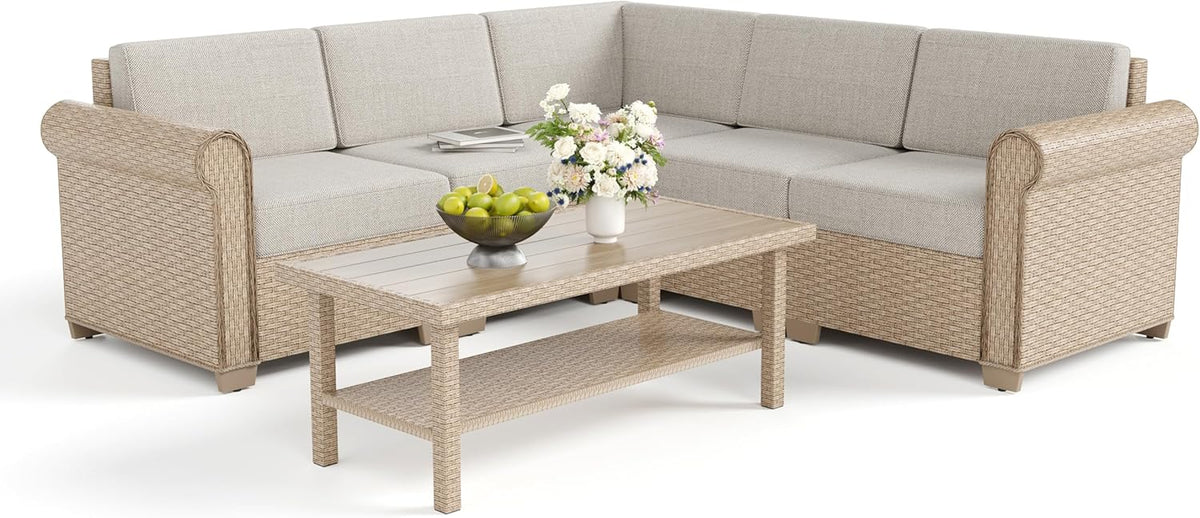 SUNSHINE VALLEY, 6 Piece, 5-Seats, Wicker, Patio Conversation Set, Beige