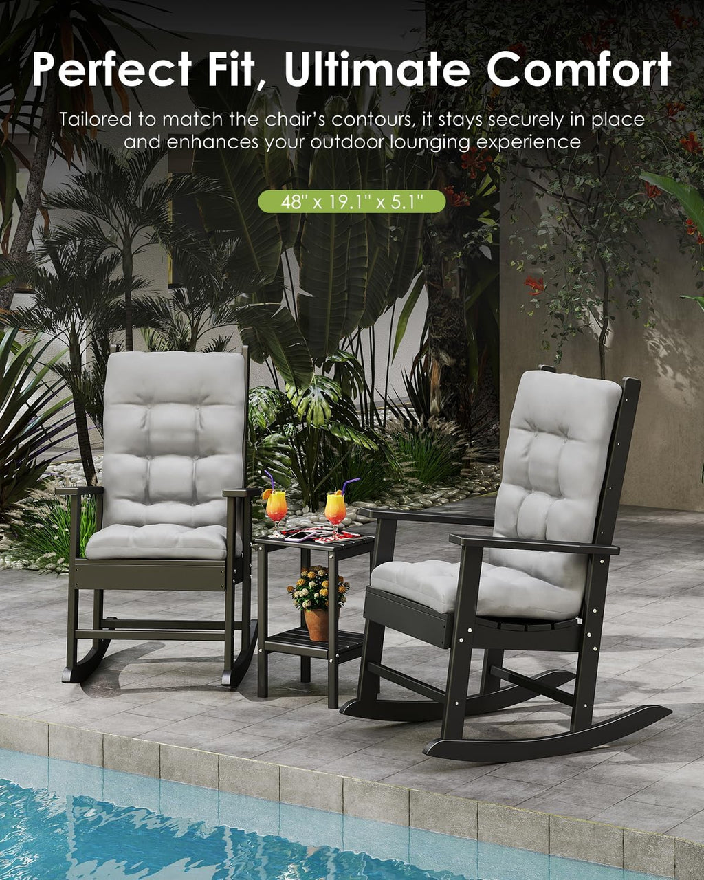 GREENVINES Outdoor Rocking Chair Cushions Set of 2, Polyester, Grey